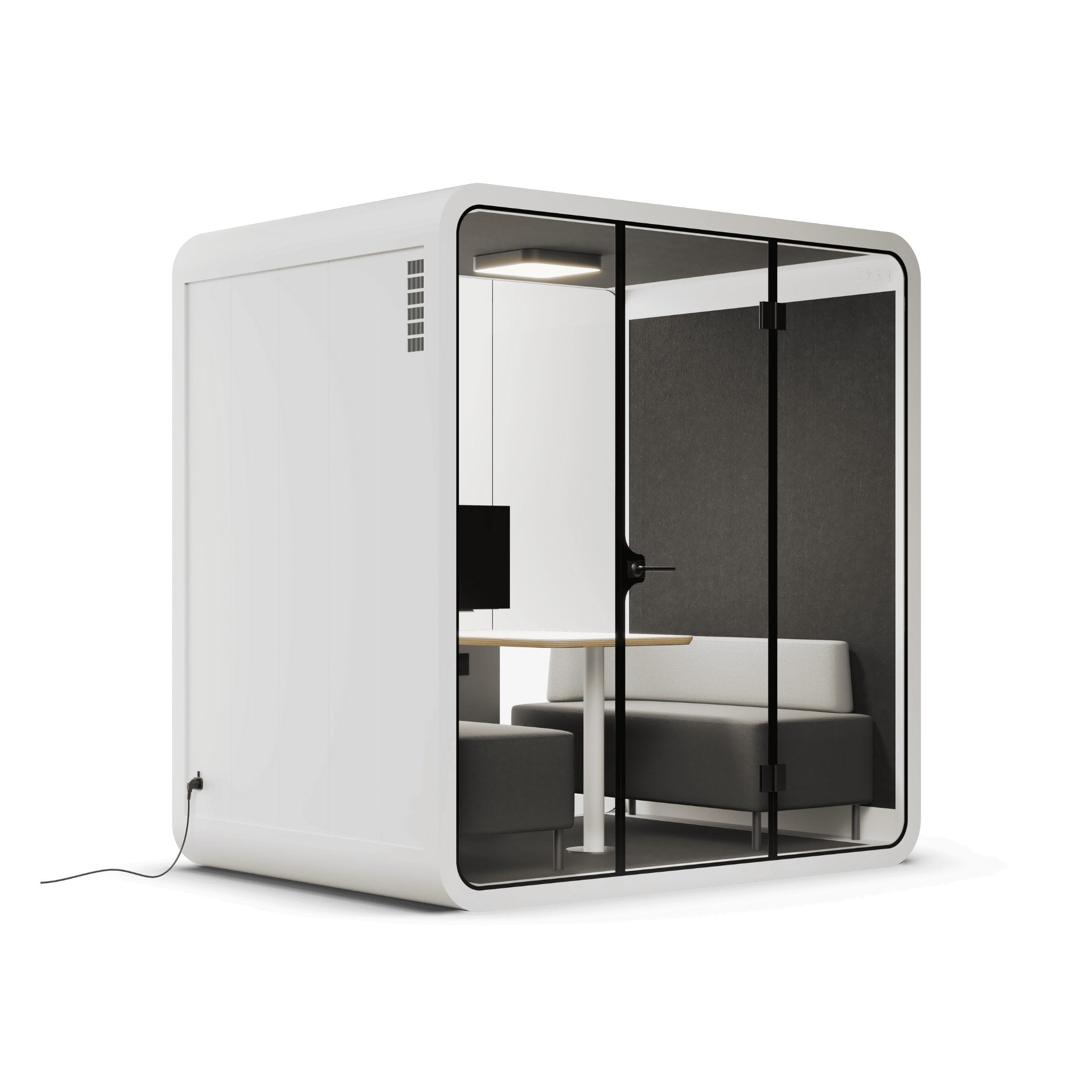 Side view of a modern 4 person office pod with white frame, glass walls on a white background