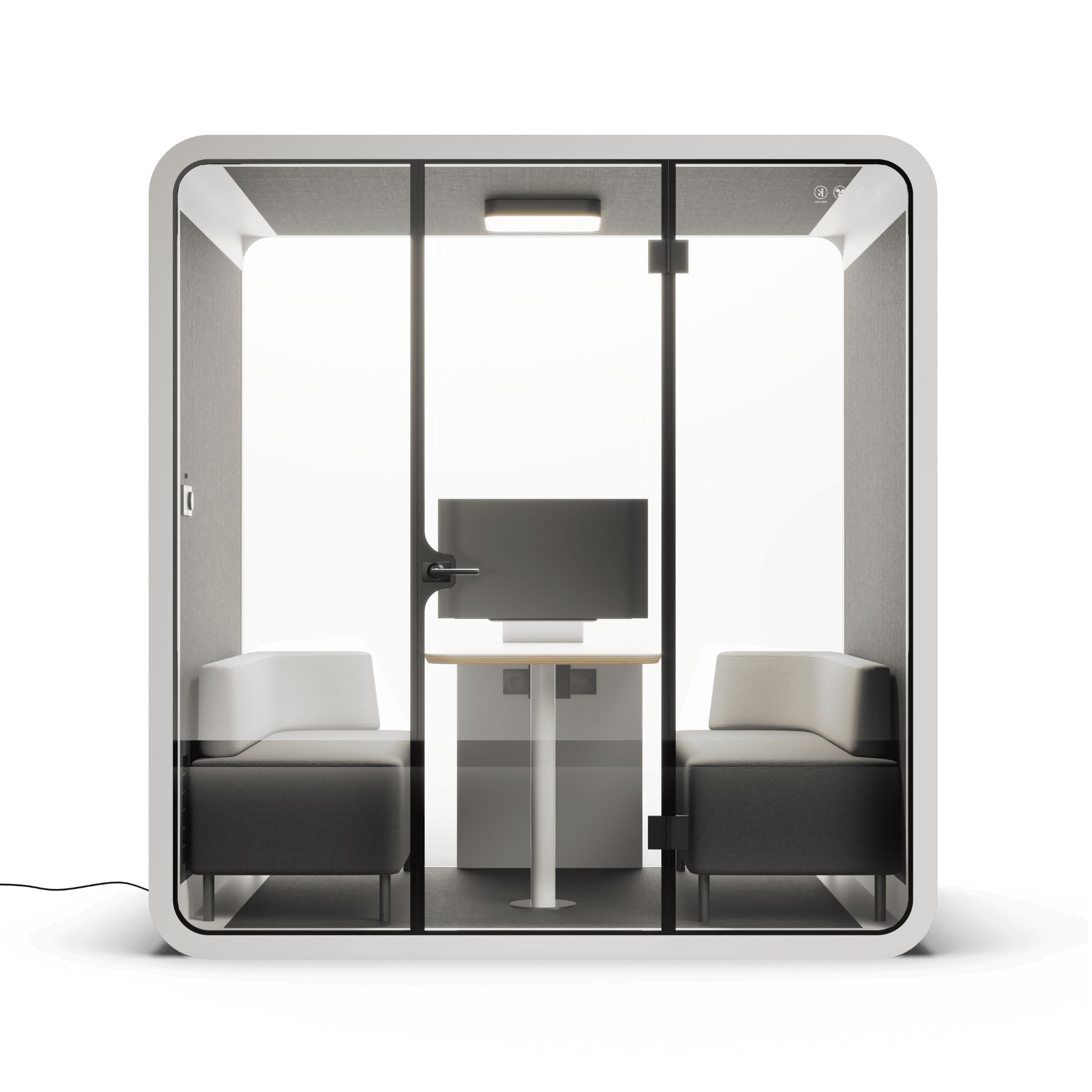 Front vierw of a modern 4 person office pod with grey frame, glass walls, desk, and chairs on a white background