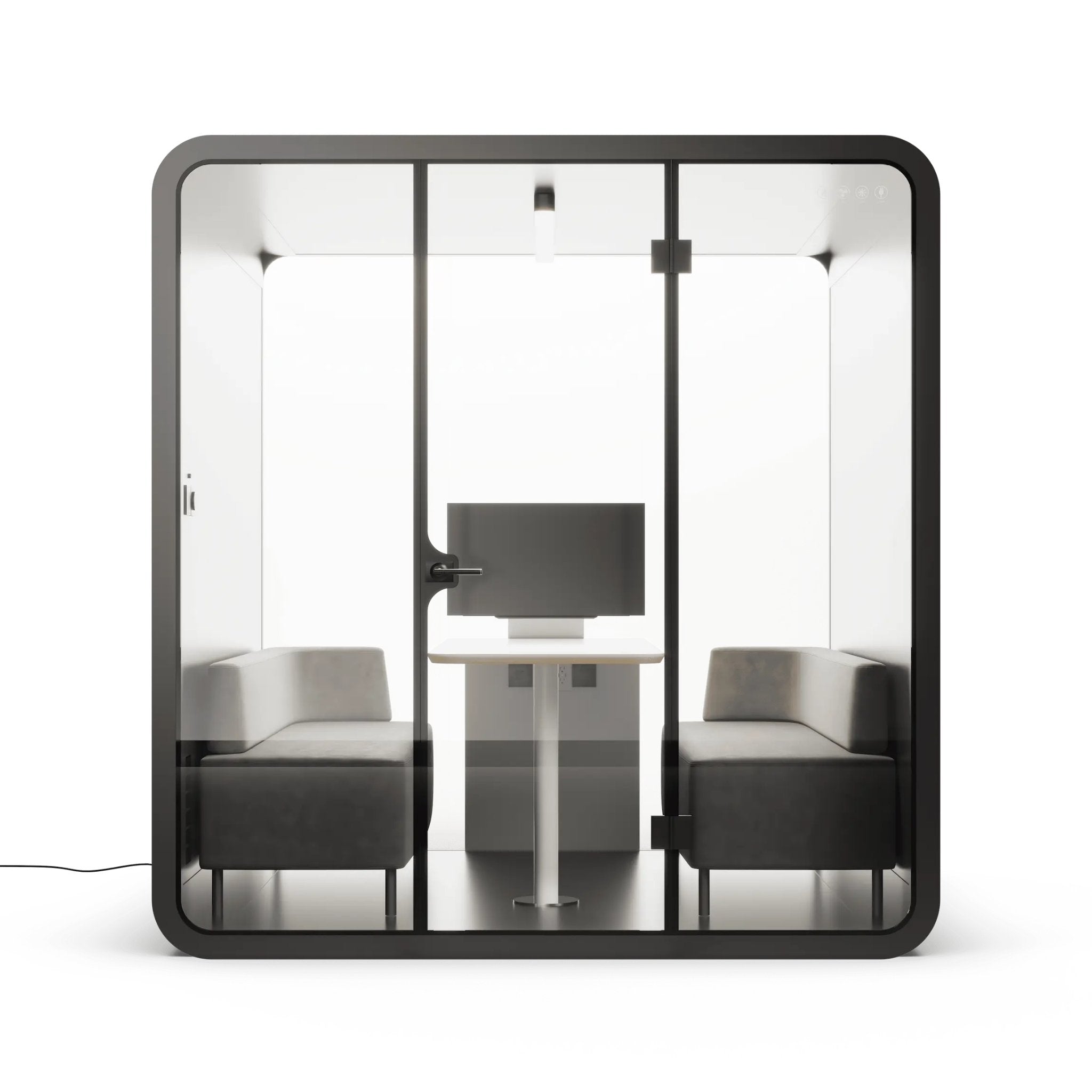 Front view of black 6 person modern office pod with glass walls, black frame, and minimal furniture on a white background