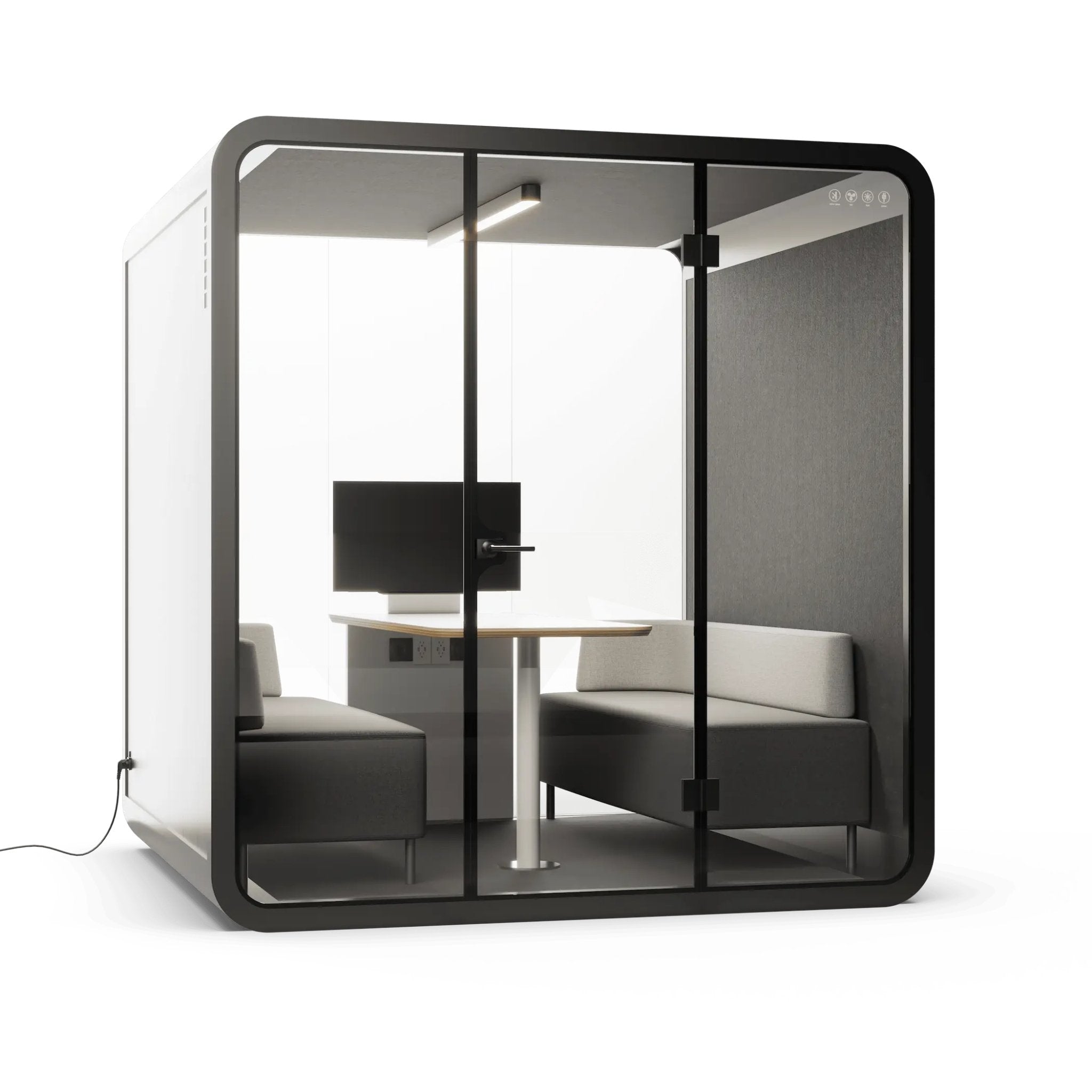 Black 6 person modern office pod with glass walls, seating, and a small table on a white background