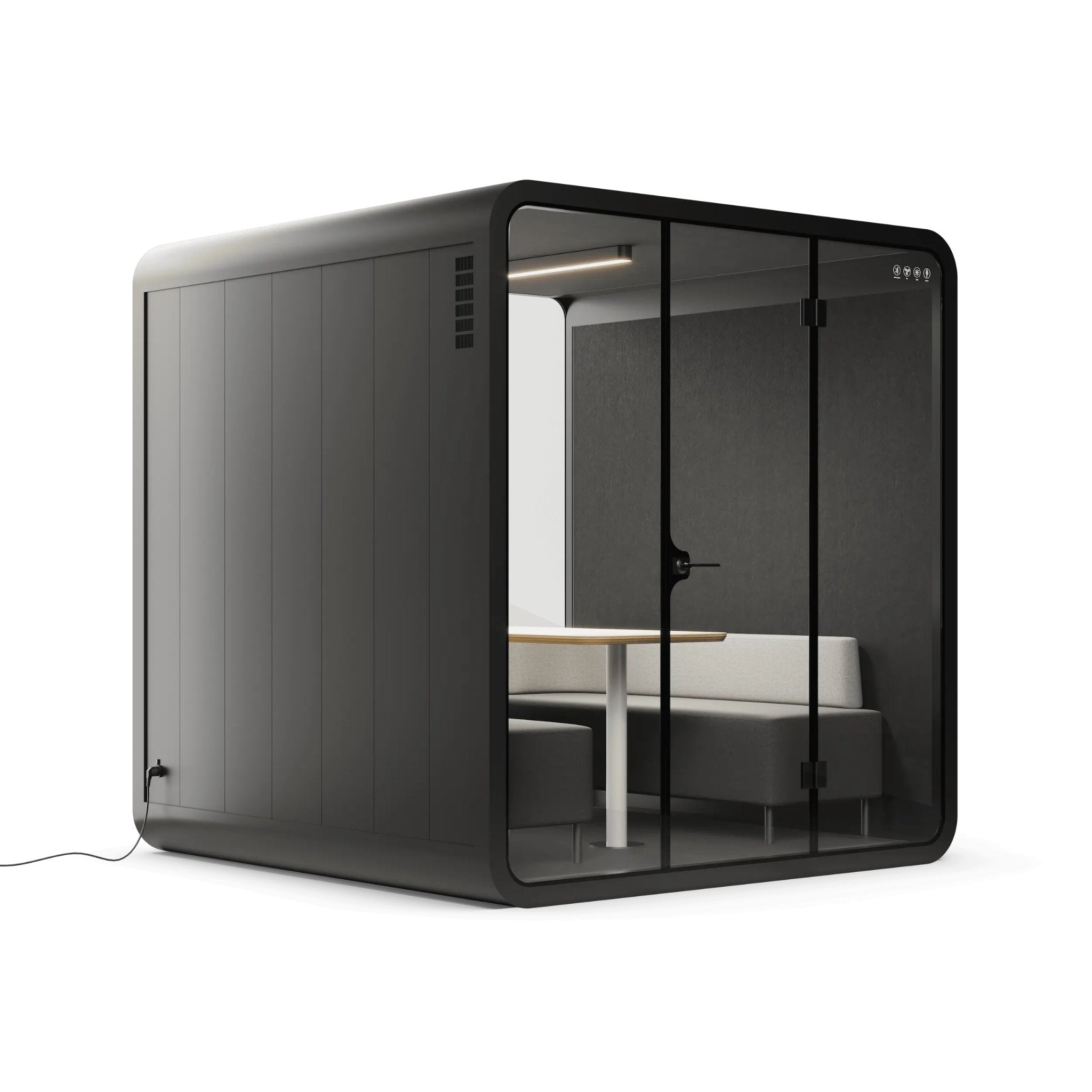 Side view of modern black 6 person office pod with glass walls on a white background