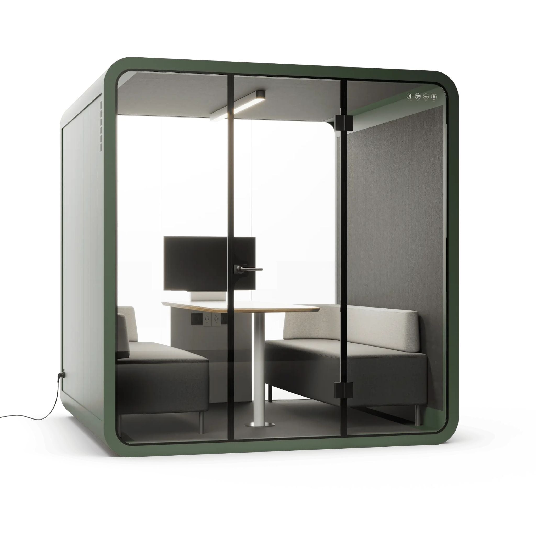 6 person green modern office pod with glass walls, seating area, and desk inside on a white background