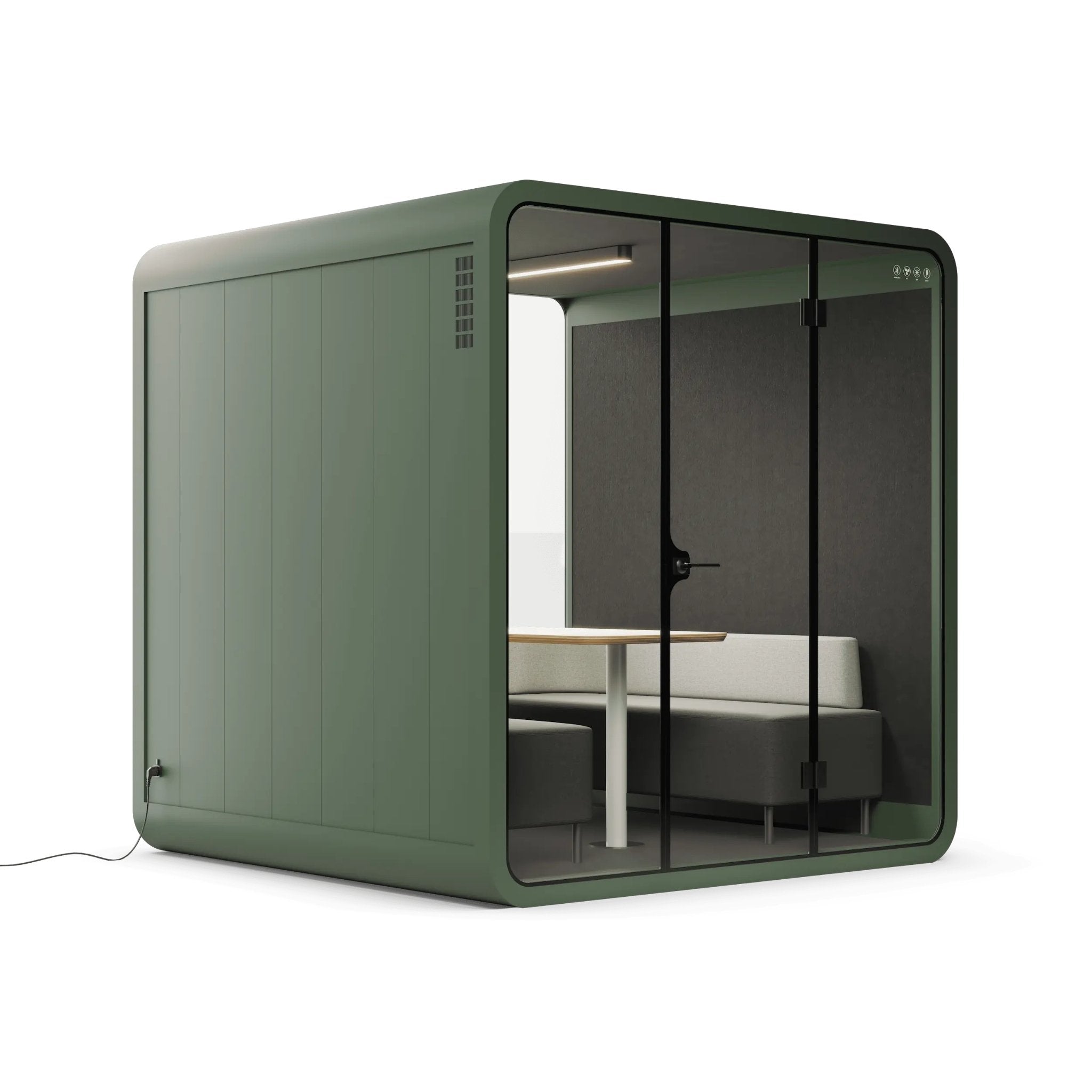 Side view of a 6 person green office pod with glass walls on a white background