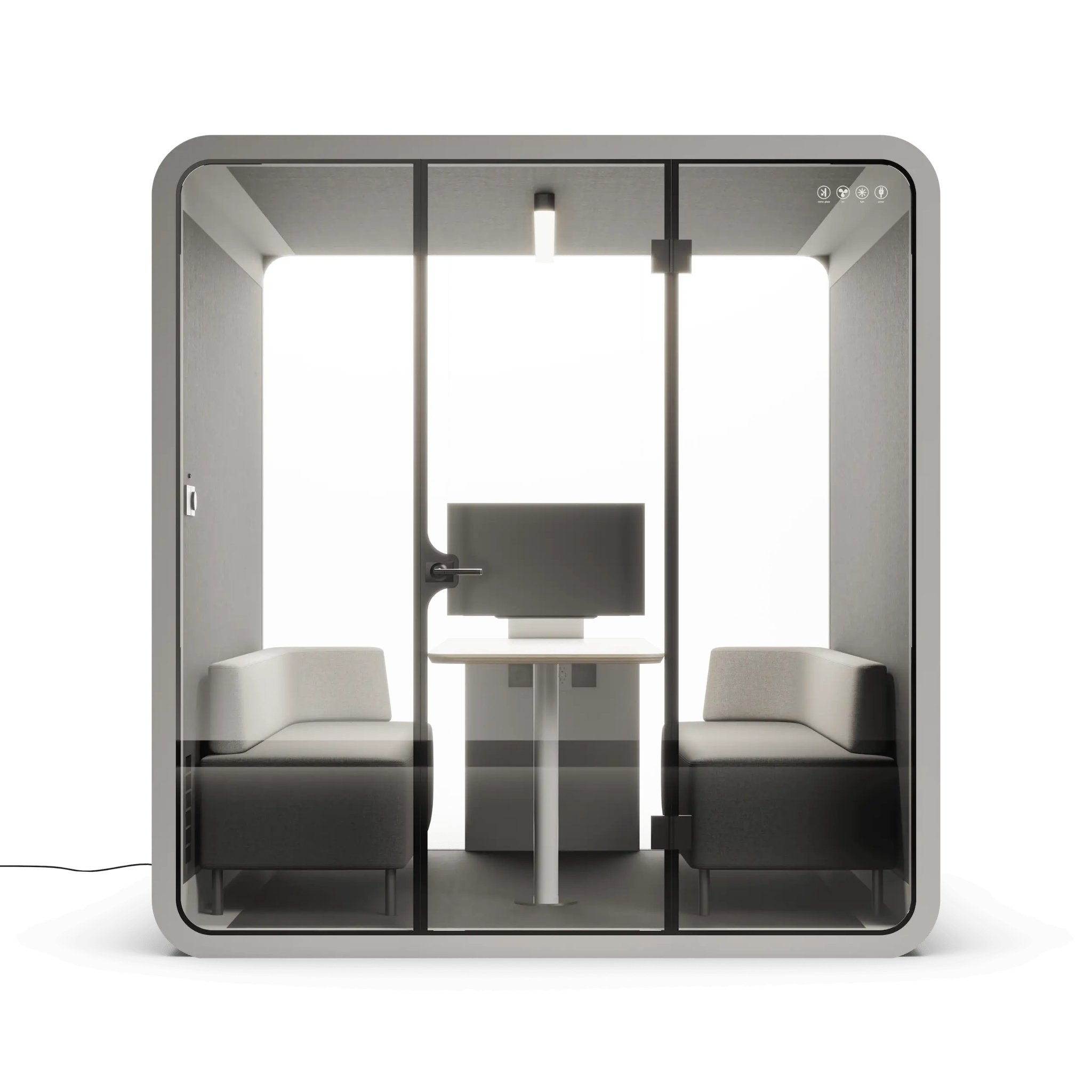 Front view of grey modern office pod with glass walls, desk, and chairs on a white background