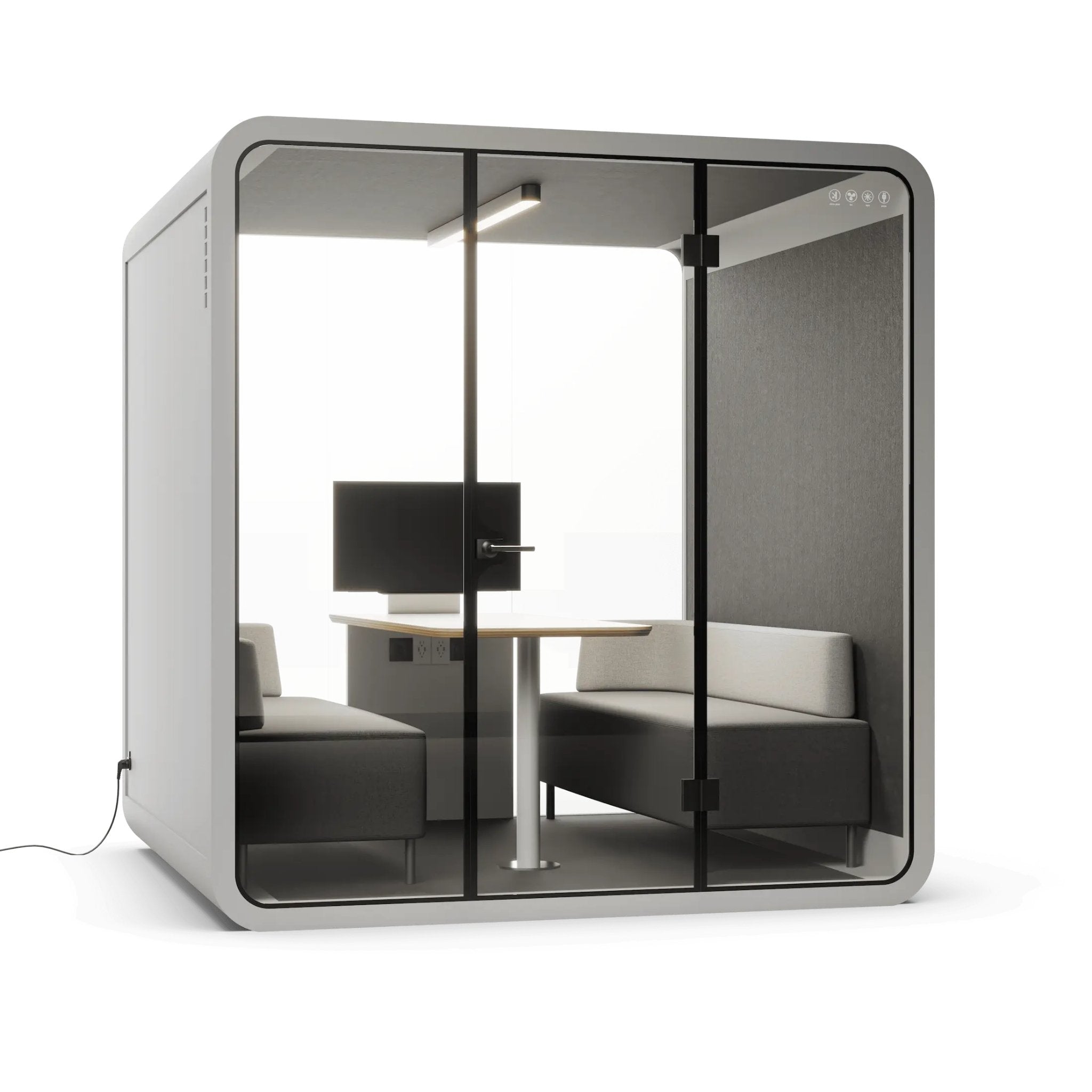 Modern grey office pod with glass walls, desk, and chairs on a white background