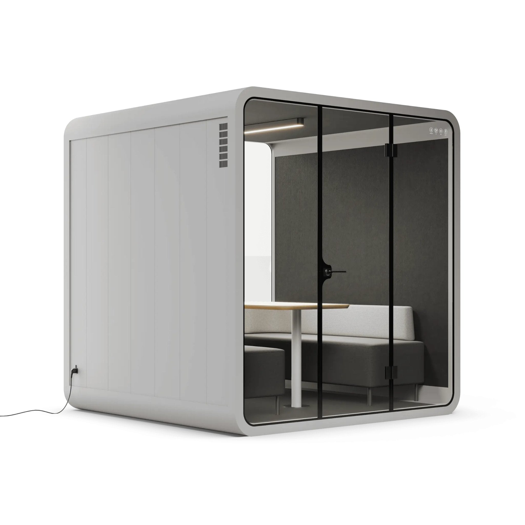 Side view of modern grey office pod with glass walls on a white background