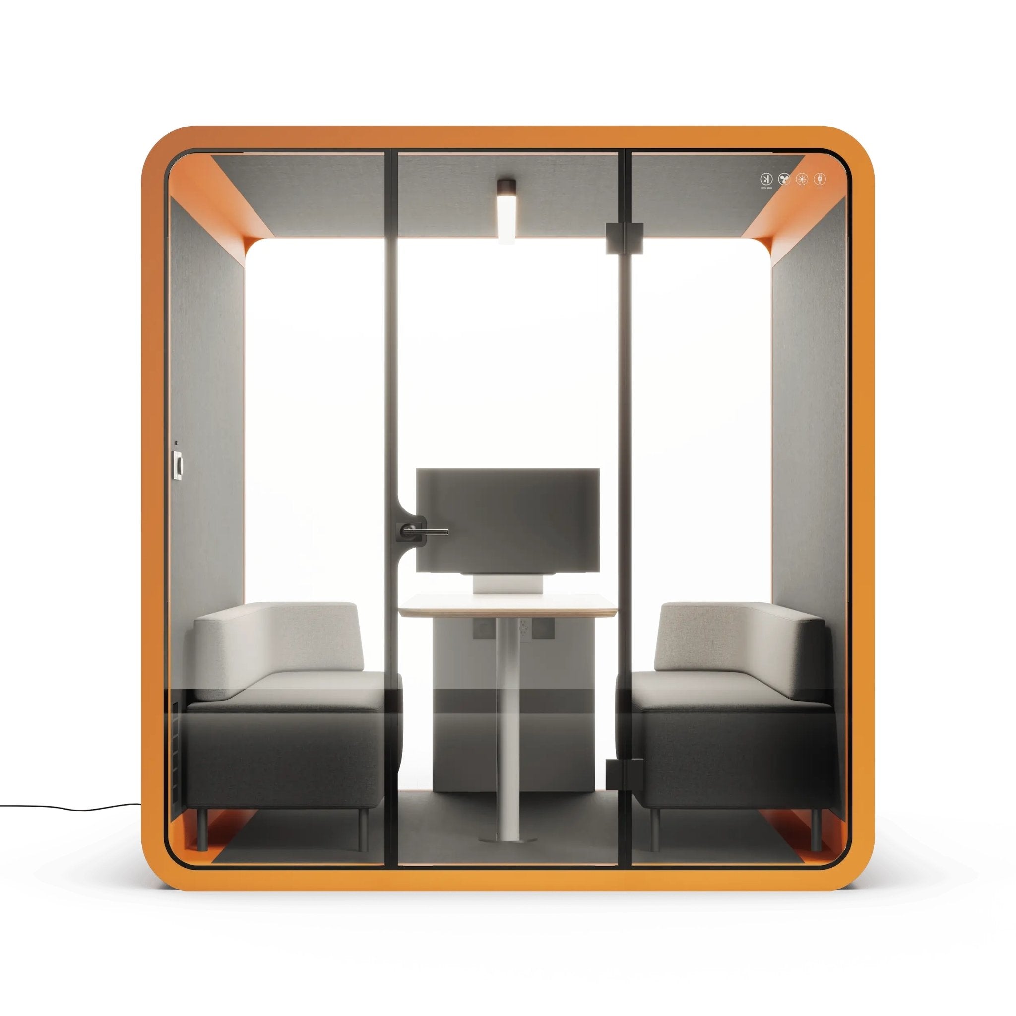 Front view of 6 person modern office pod with orange frame, glass walls, and gray furniture on a white background