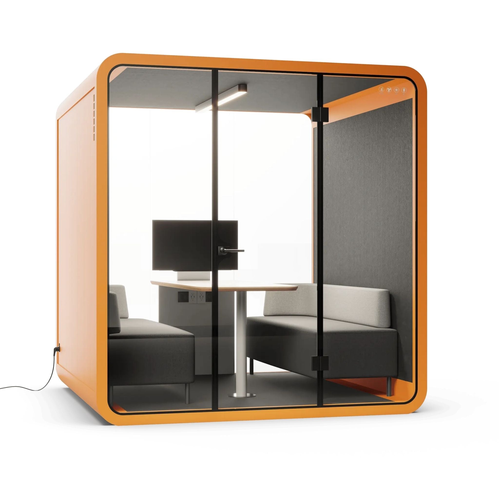 6 person modern office pod with glass walls, orange frame, and gray interior.