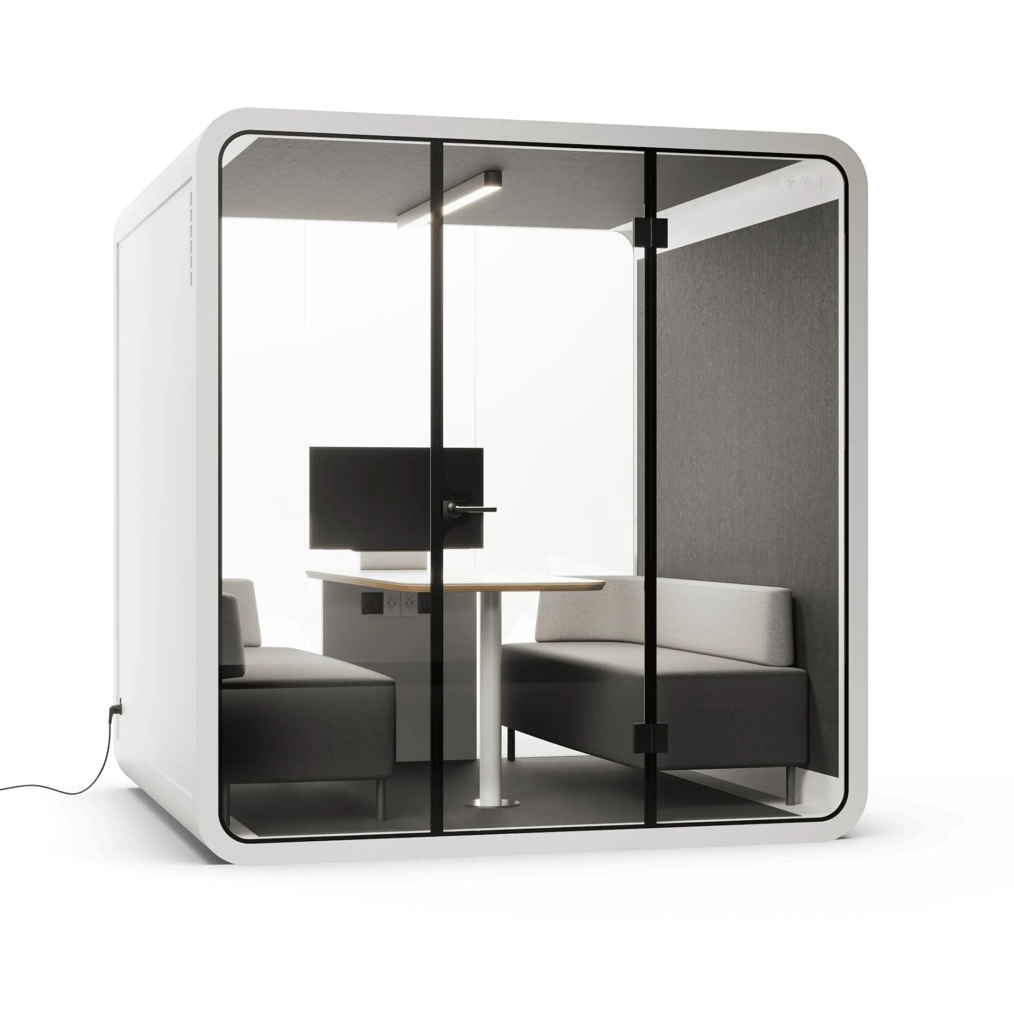 White 6 person office pod with glass walls, desk, and seating on a white background
