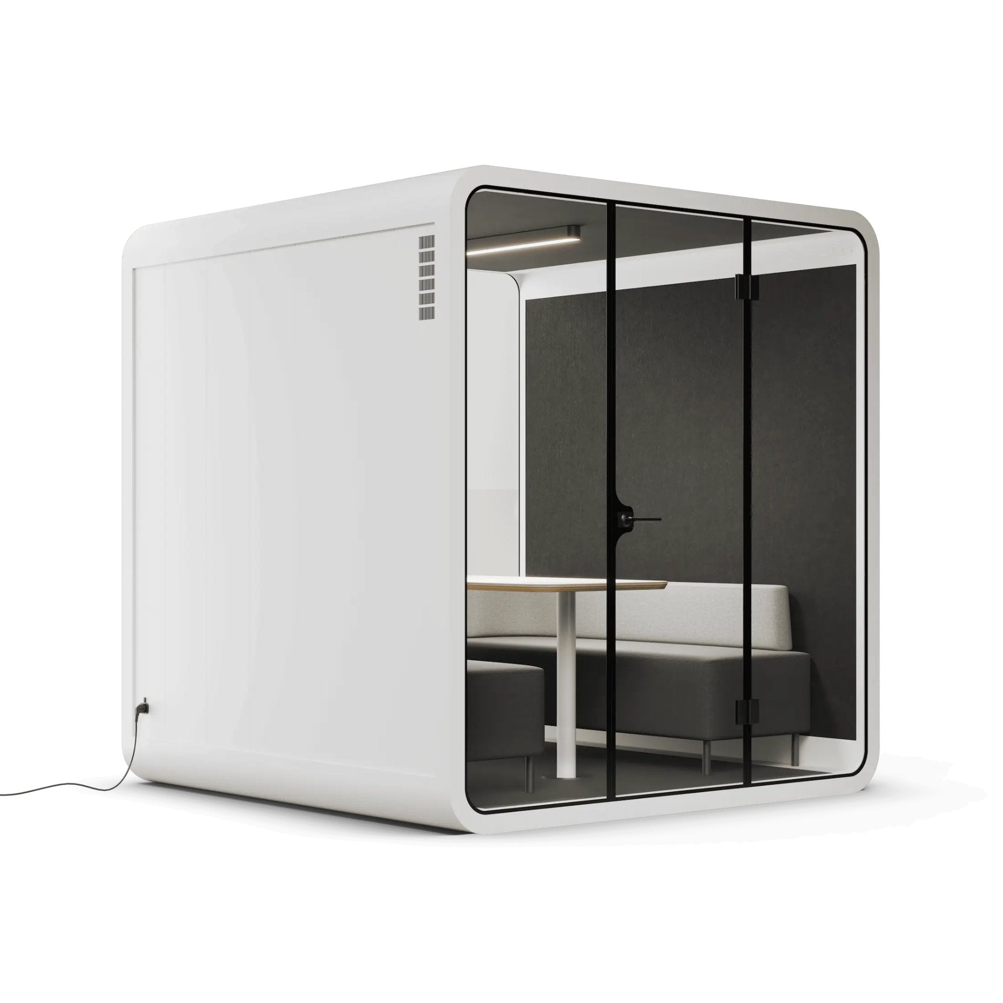 Side view of white 6 person office pod with glass walls on a white background