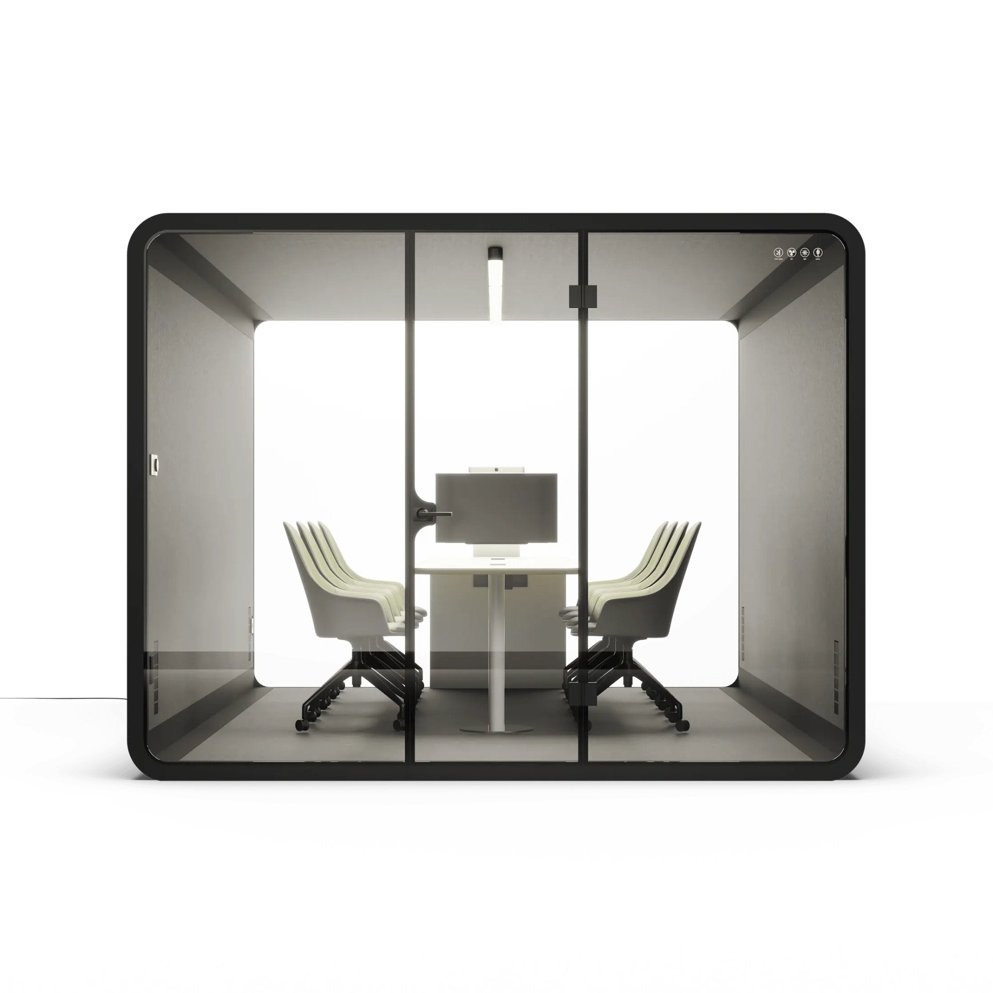 Front view of an 8 person portable office pod with glass walls and black frame on a white background