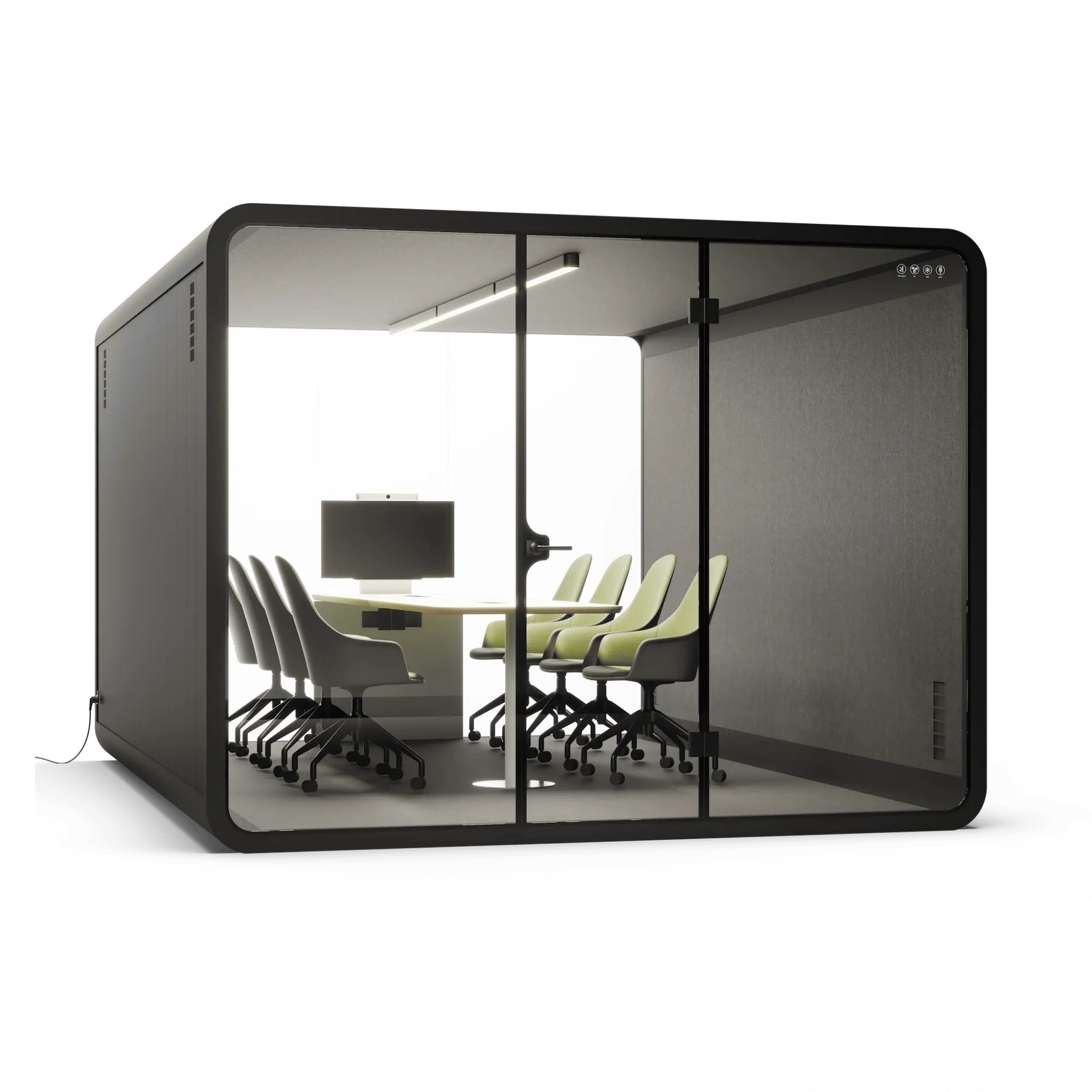 Black frame 8 person modern office pod with glass walls and furniture inside on a white background