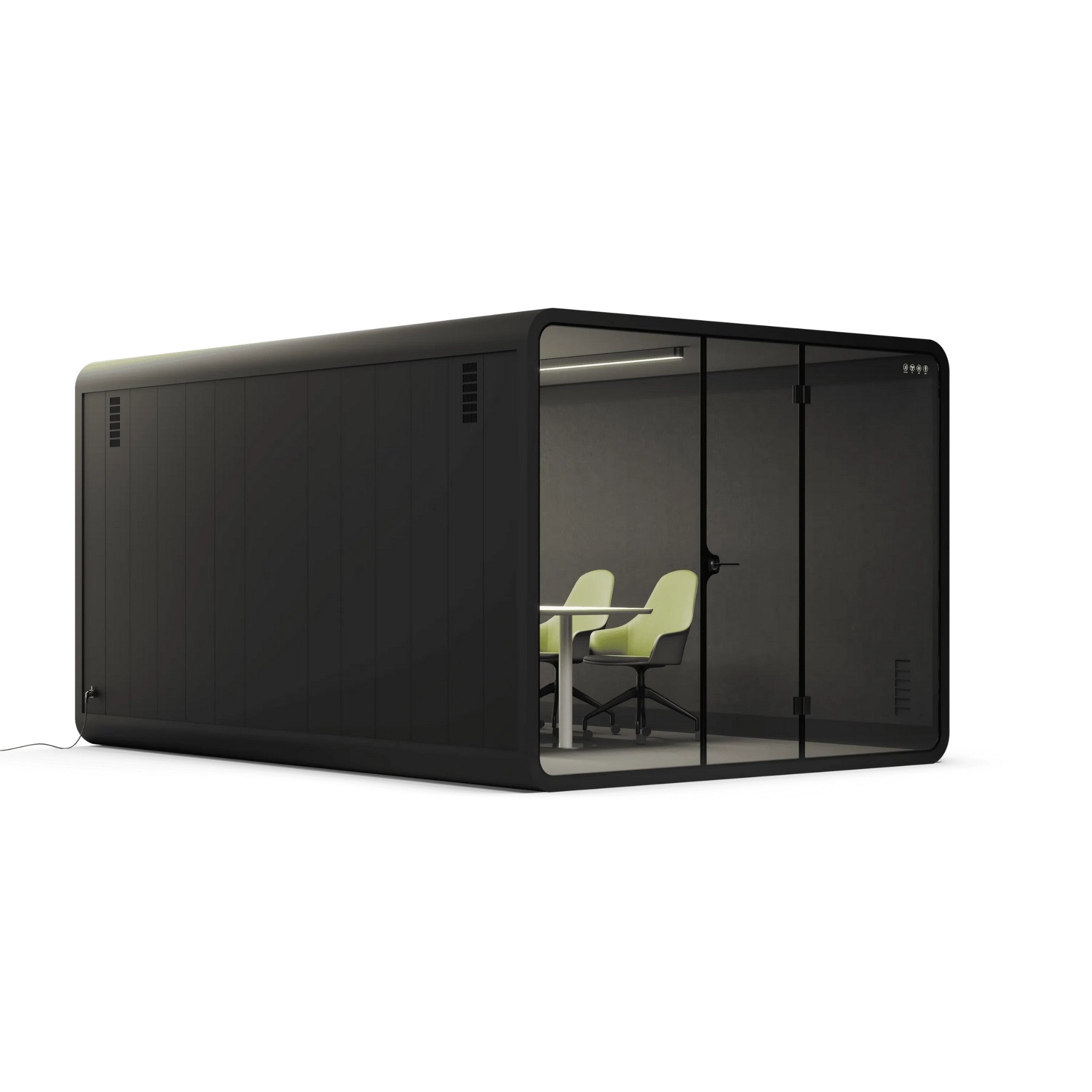 Side view of an 8 person black modular office pod with glass walls on a white background