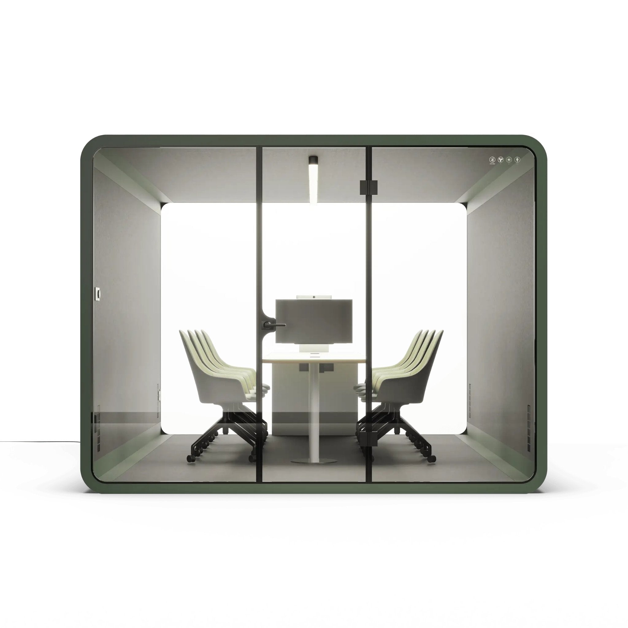 Portable green 8 person office pod with a desk and chairs inside on a white background