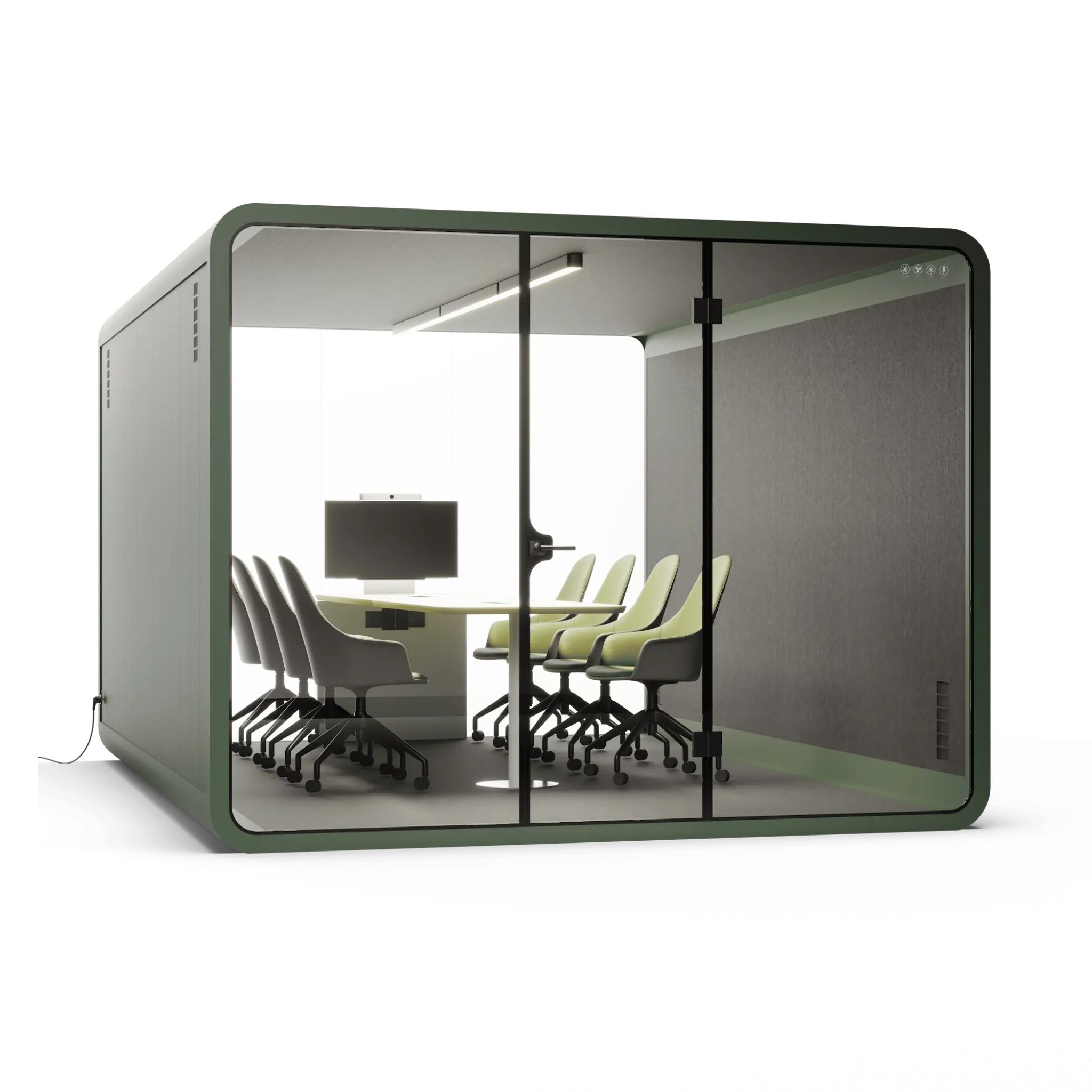 Modern green 8 person office pod with glass walls and furniture inside on a white background
