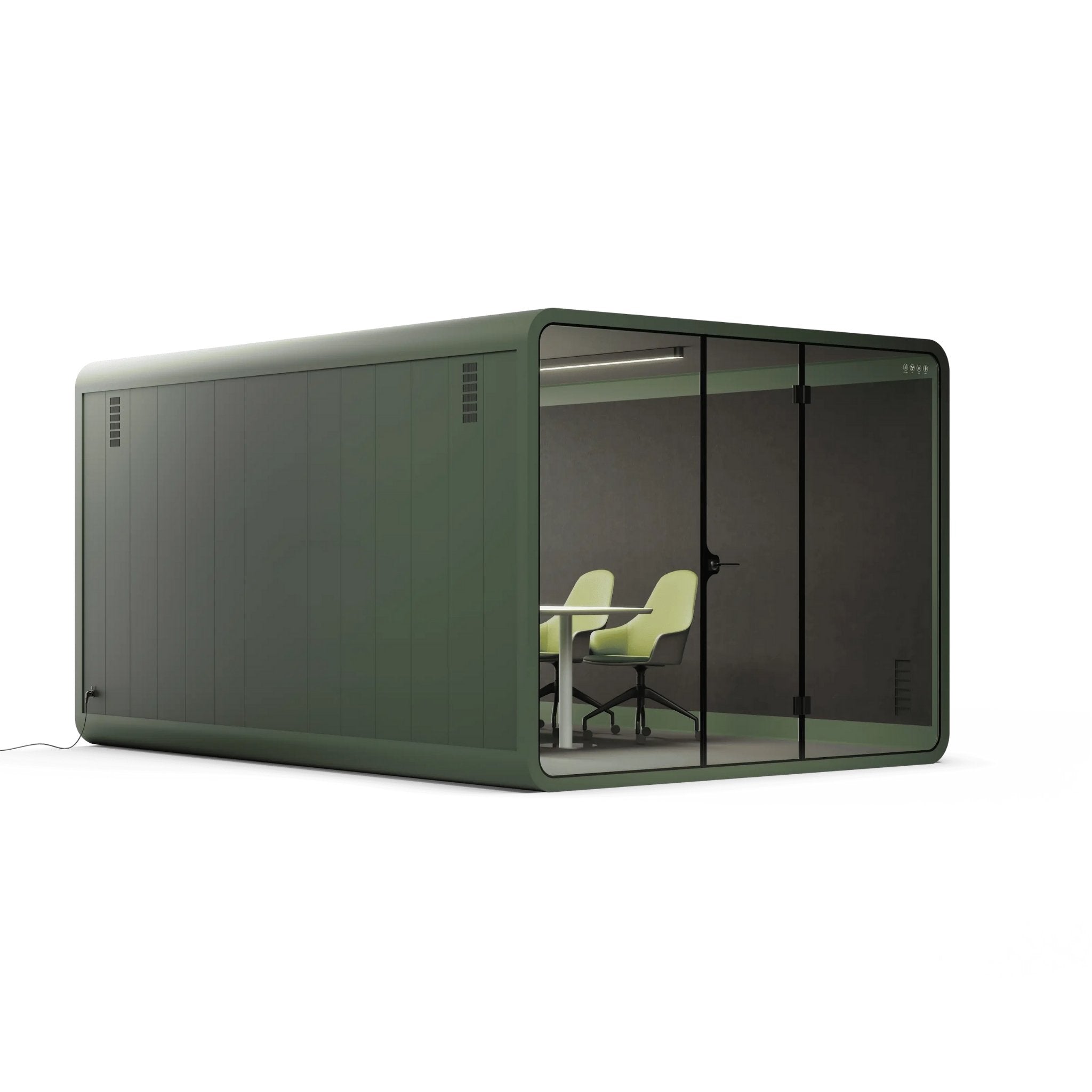 Side view of a green 8 person modular office pod with glass walls on a white background