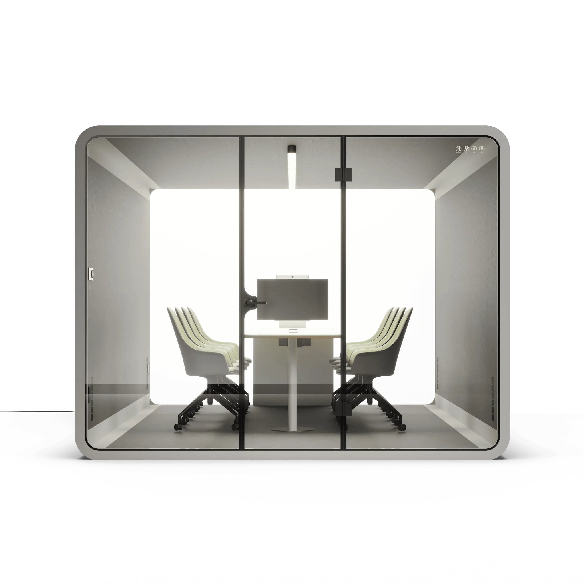 Front view of a grey framed 8 person modular office pod with glass walls and furniture on a white background