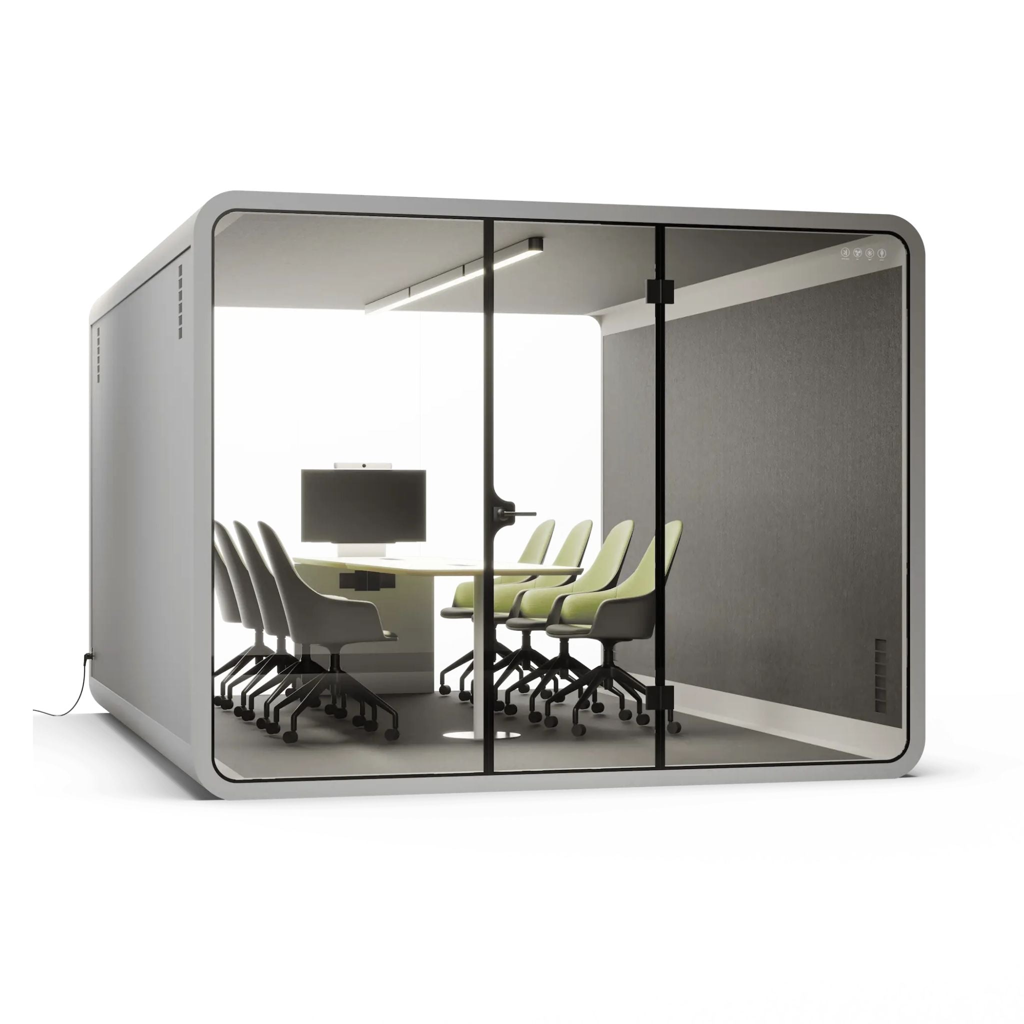 Grey frame 8 person modern office pod with glass walls and furniture inside on a white background
