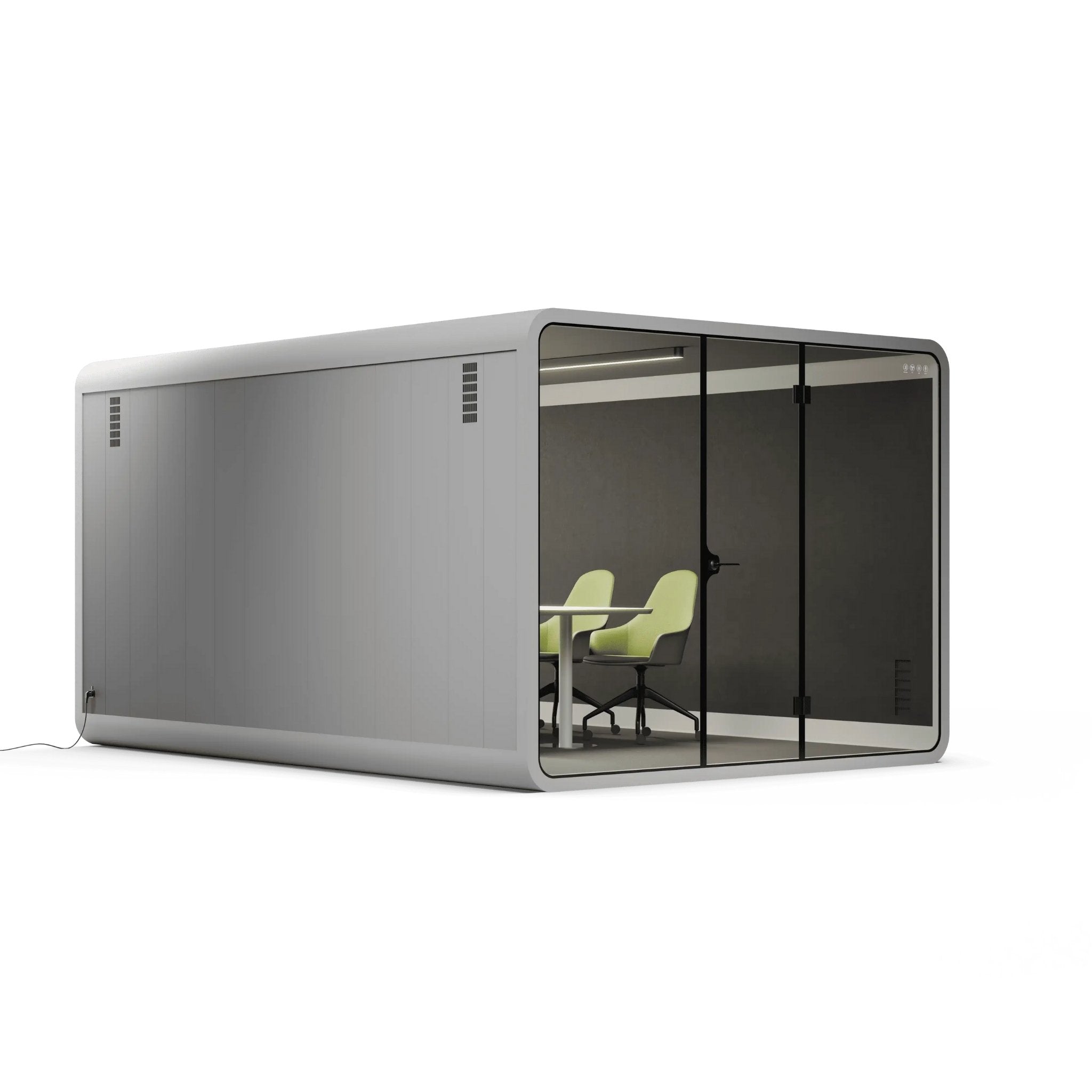 Side view of a grey 8 to 10 person modern office pod with glass walls on a white background