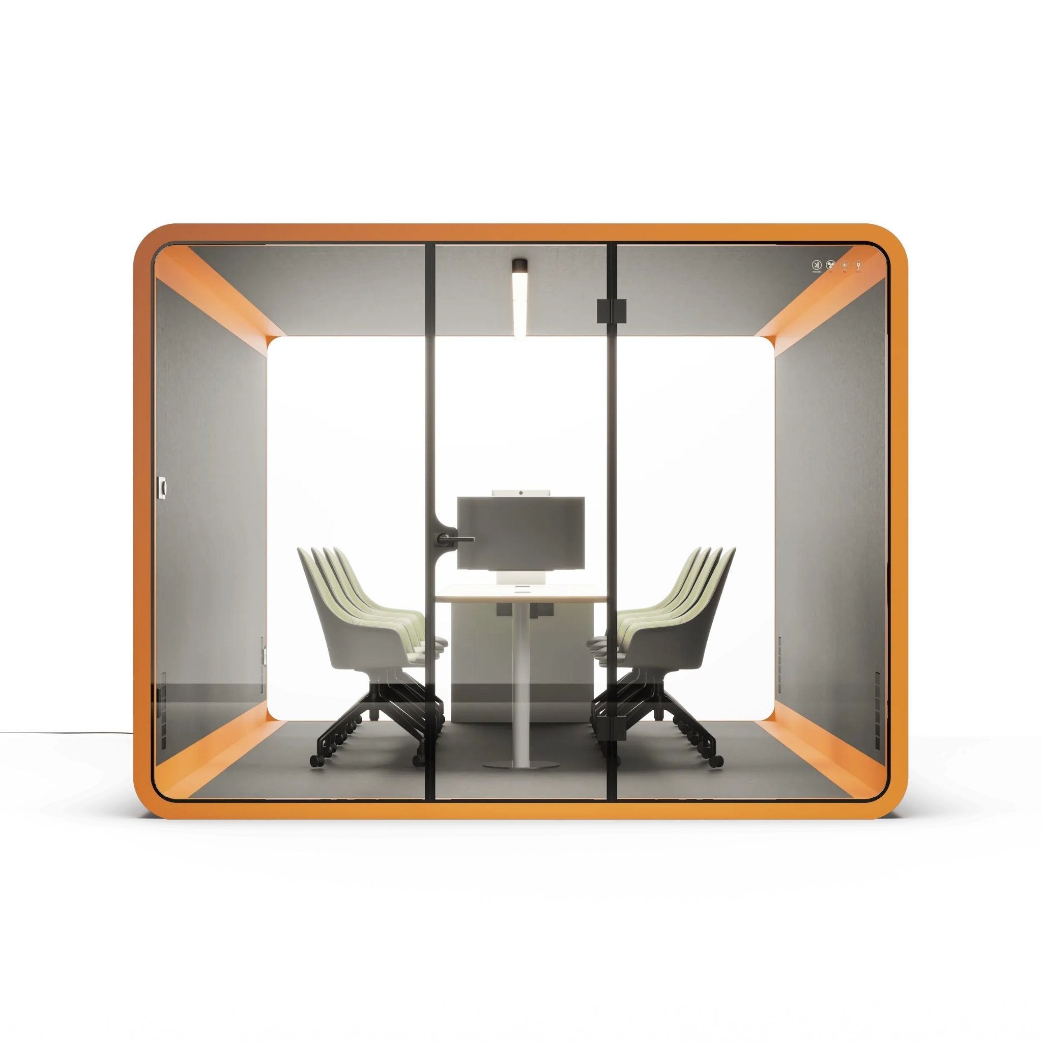 Front view of a modern 8 person office pod with glass walls and orange frame on a white background
