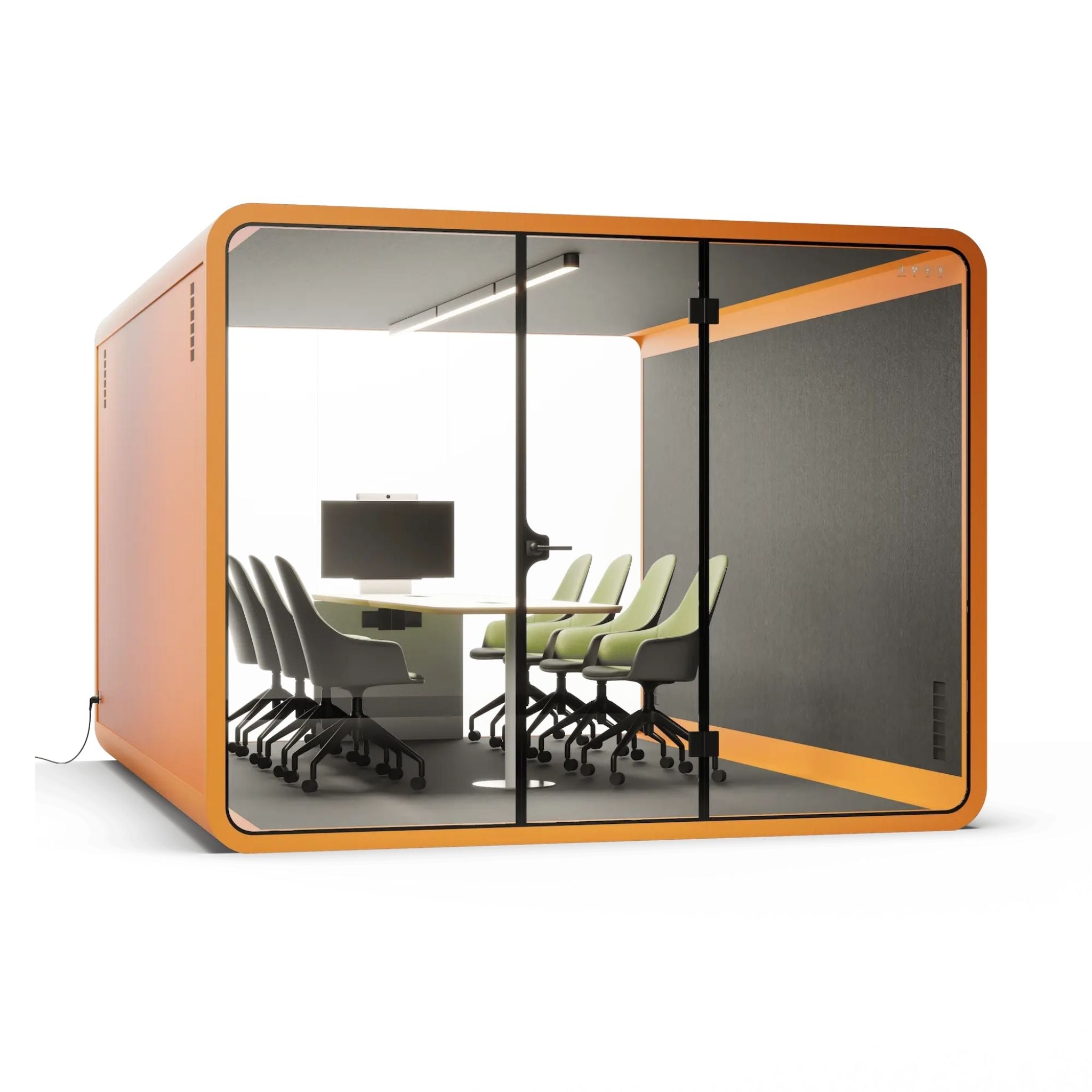 Modern 8 person office pod with glass walls and orange frame, containing a meeting table and chairs.