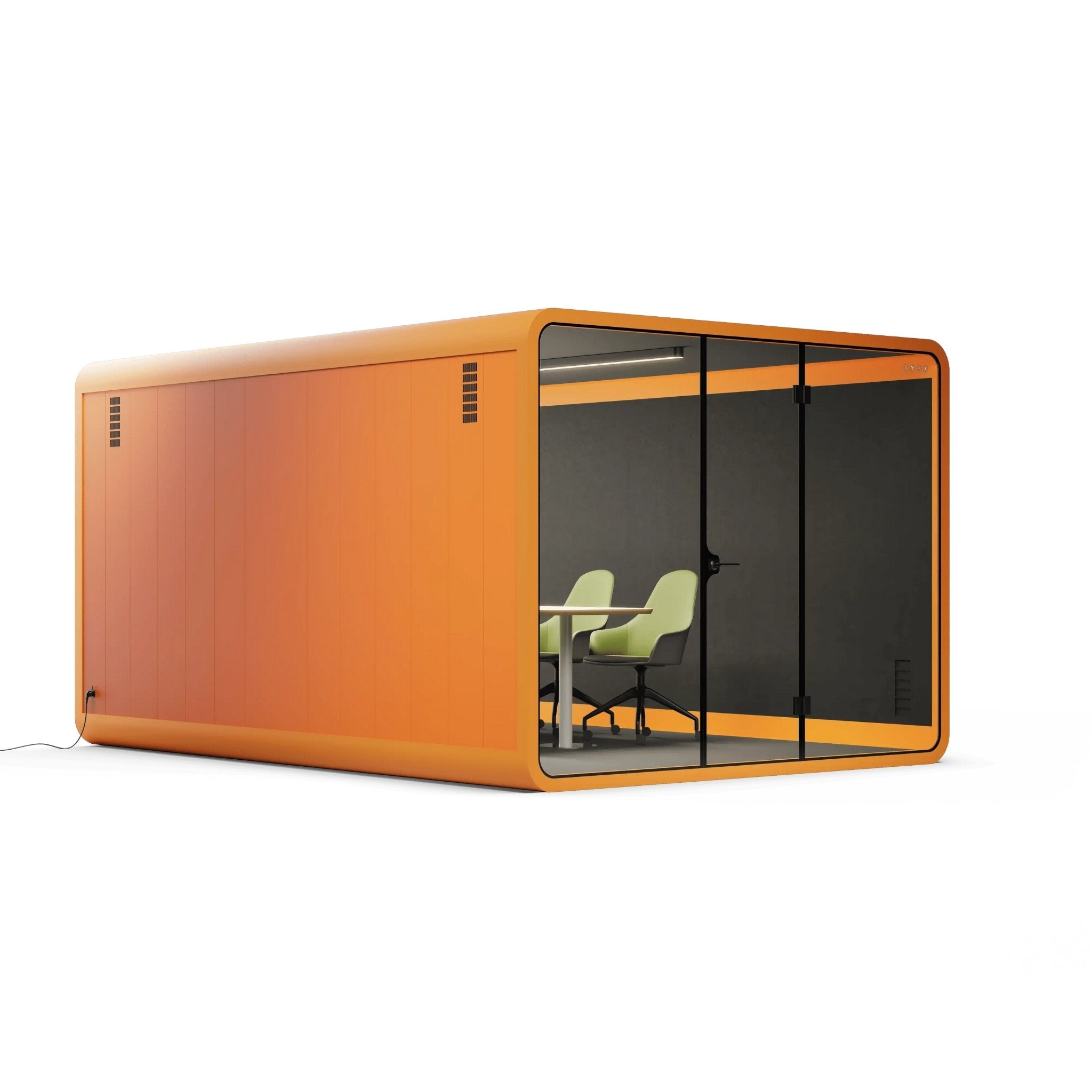 Side view of an 8 person orange modular office pod with glass walls on a white background