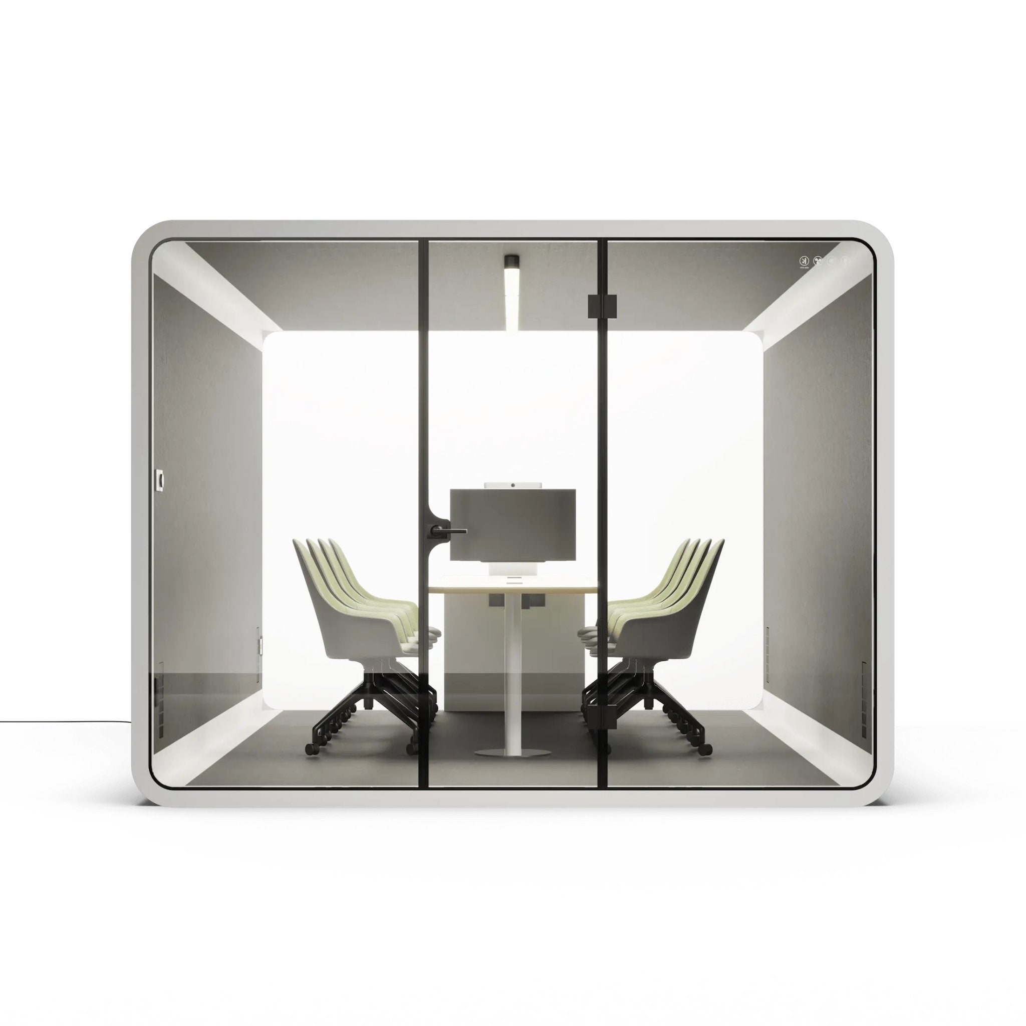 Front view of a white 8 to 10 person modern office pod with glass walls and a desk inside on a white background