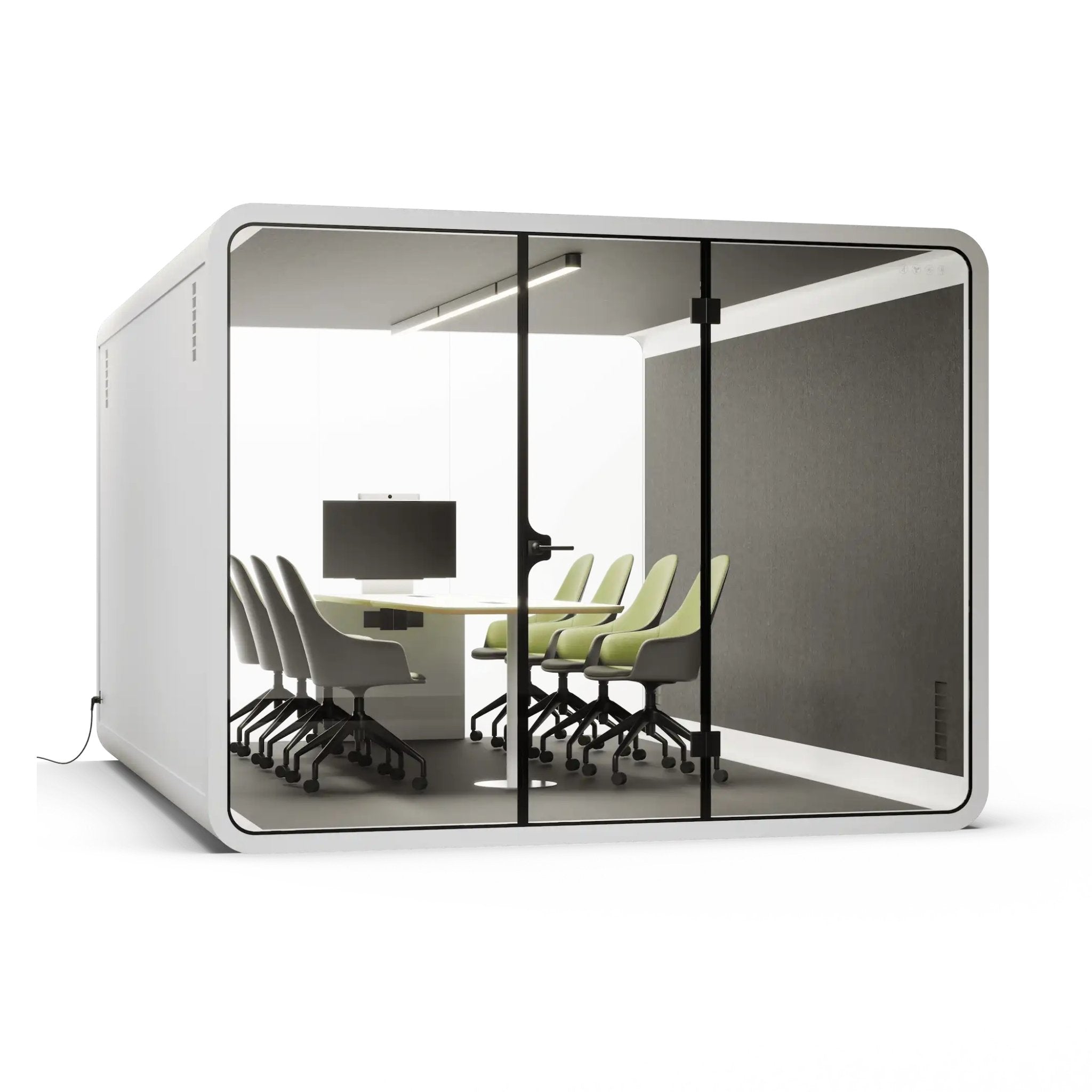 White frame 8 to 10 person modular office pod with glass walls and white interior, featuring a desk and chairs.
