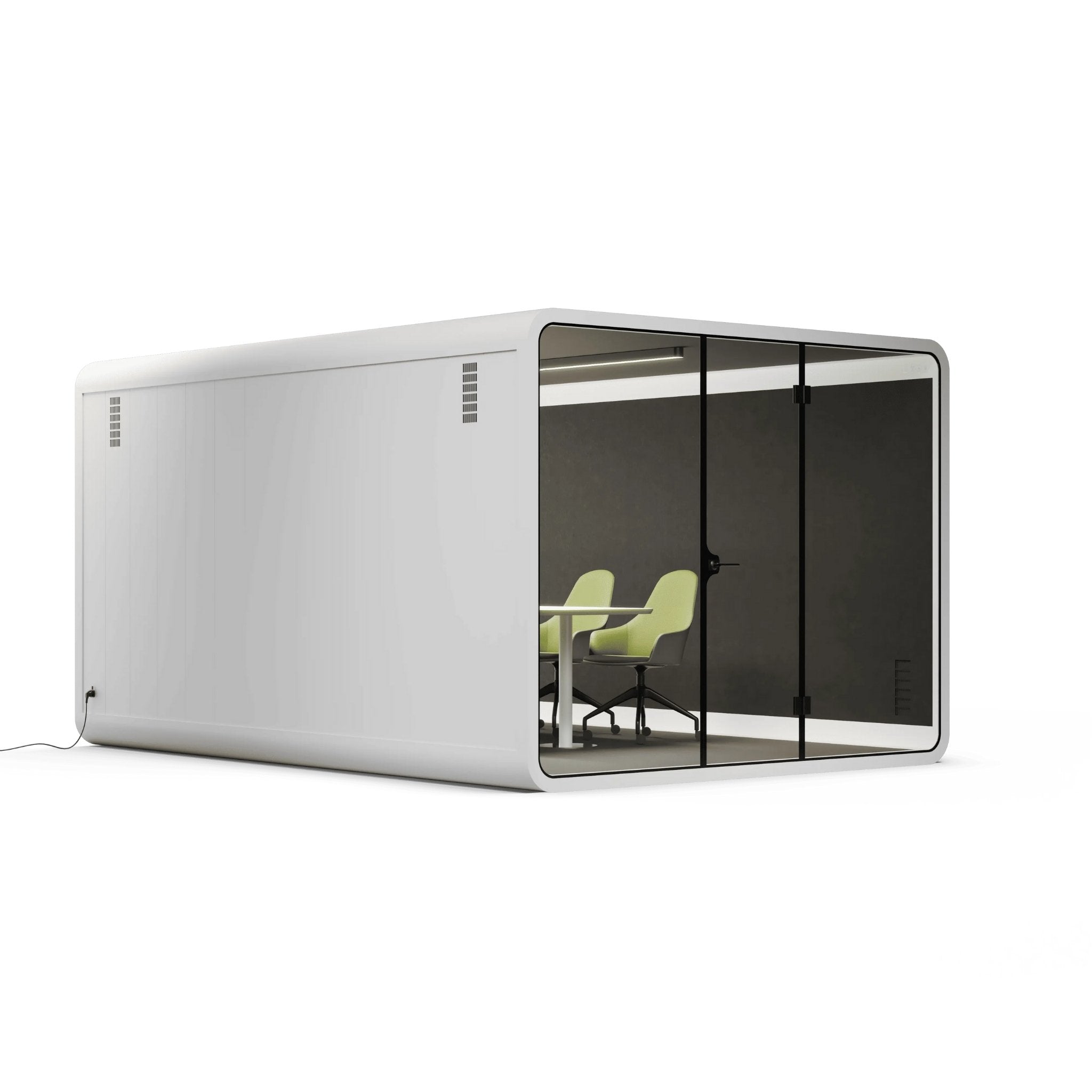 Side view of a white 8 to 10 person modern office pod with glass walls on a white background