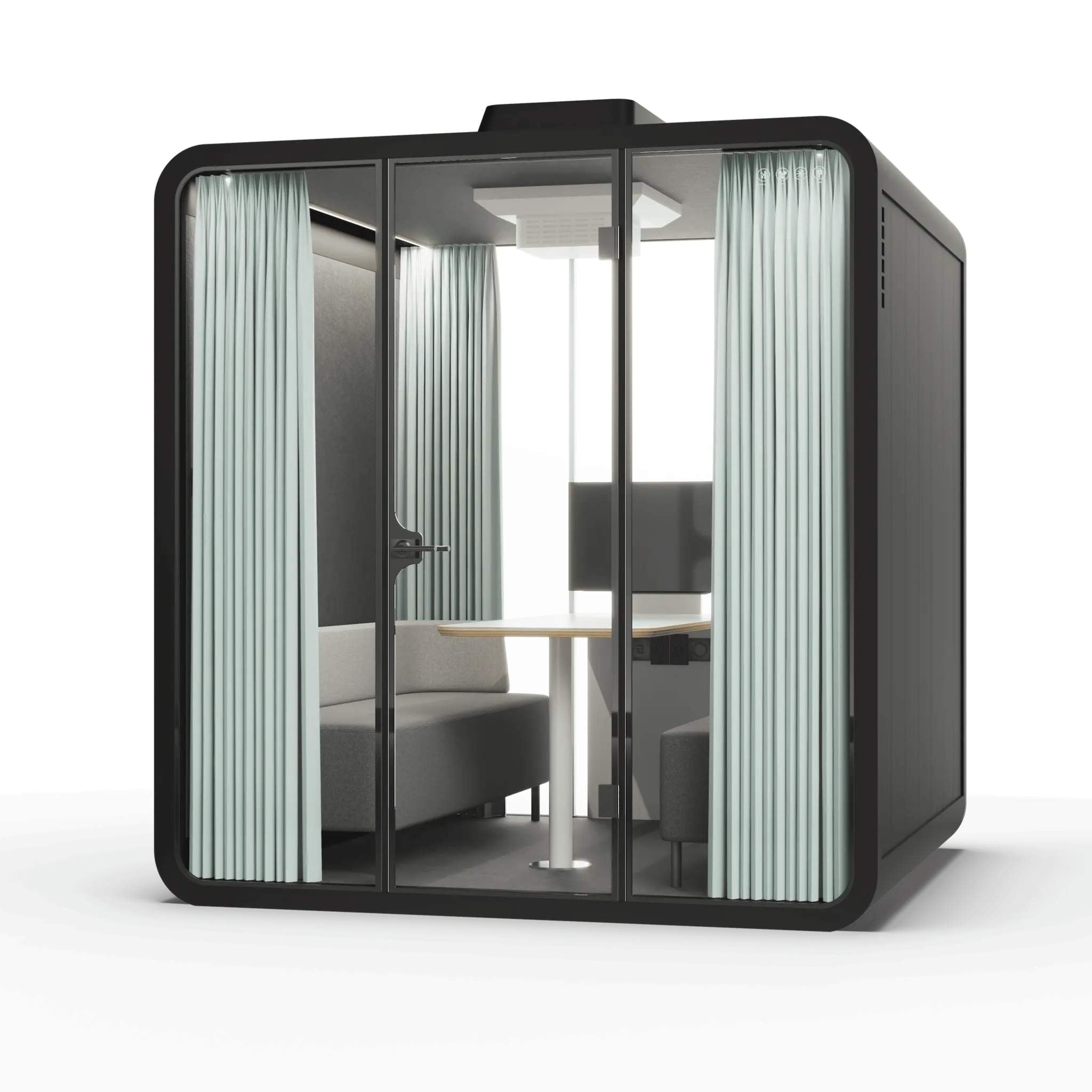 Angle view slate black frame soundproof backyard office pod with curtains, glass walls and furniture on a white background