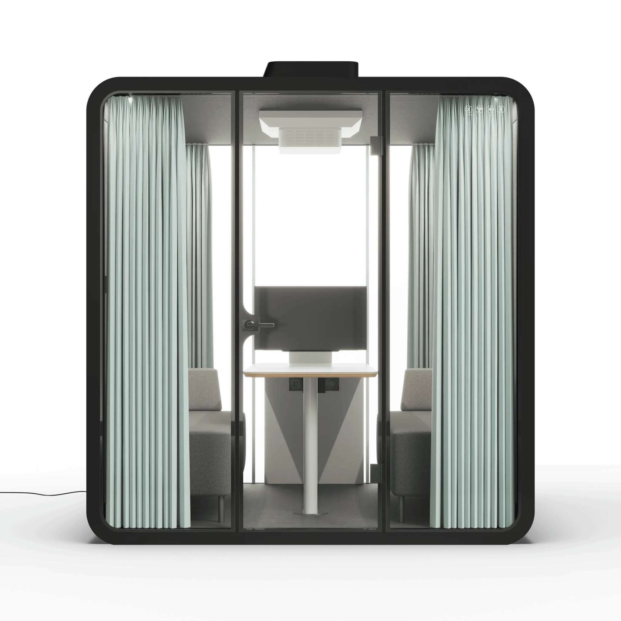 Front view slate black frame soundproof backyard office pod with curtains, glass walls and furniture on a white background