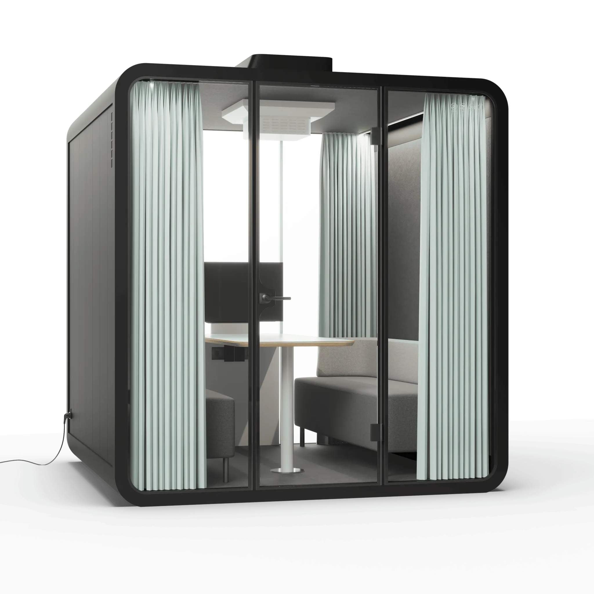 Right view slate black frame soundproof backyard office pod with curtains, glass walls and furniture on a white background