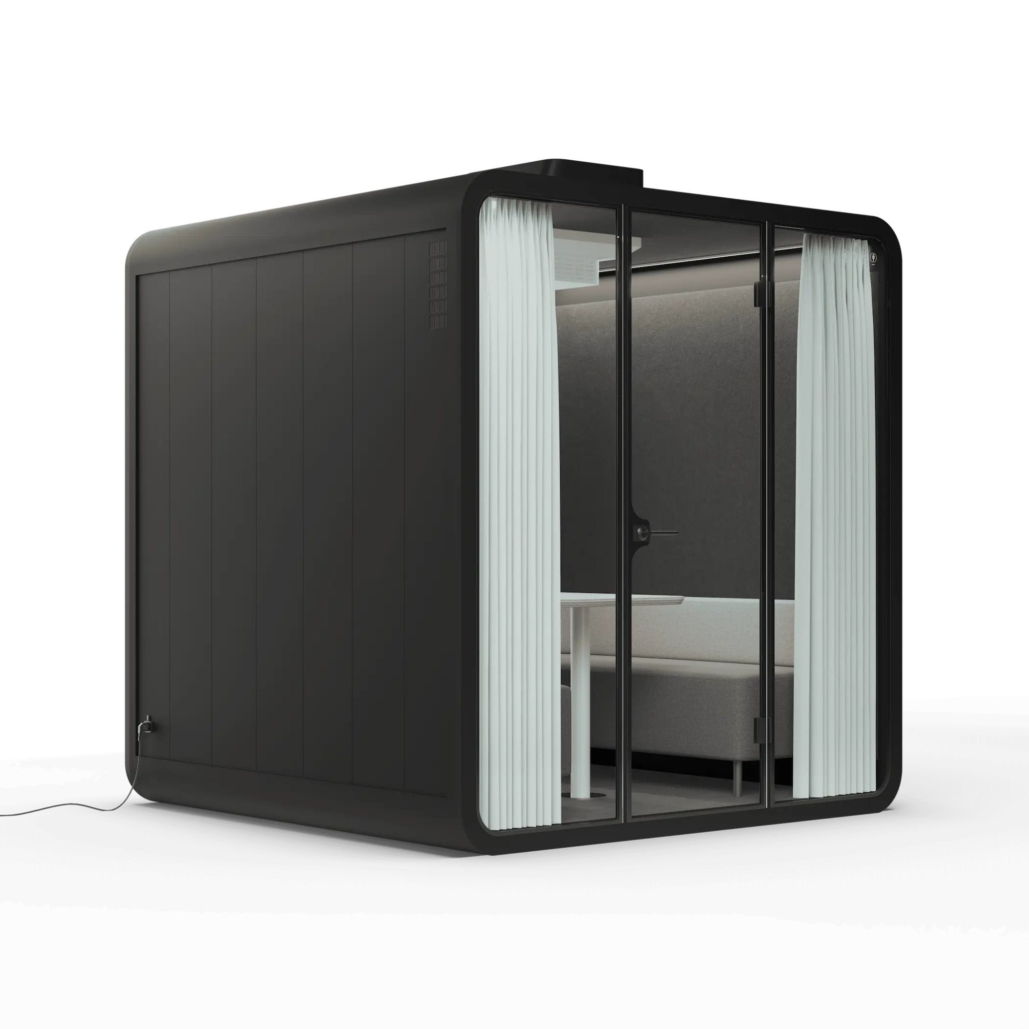 Side view slate black frame soundproof backyard office pod with curtains, glass walls and furniture on a white background