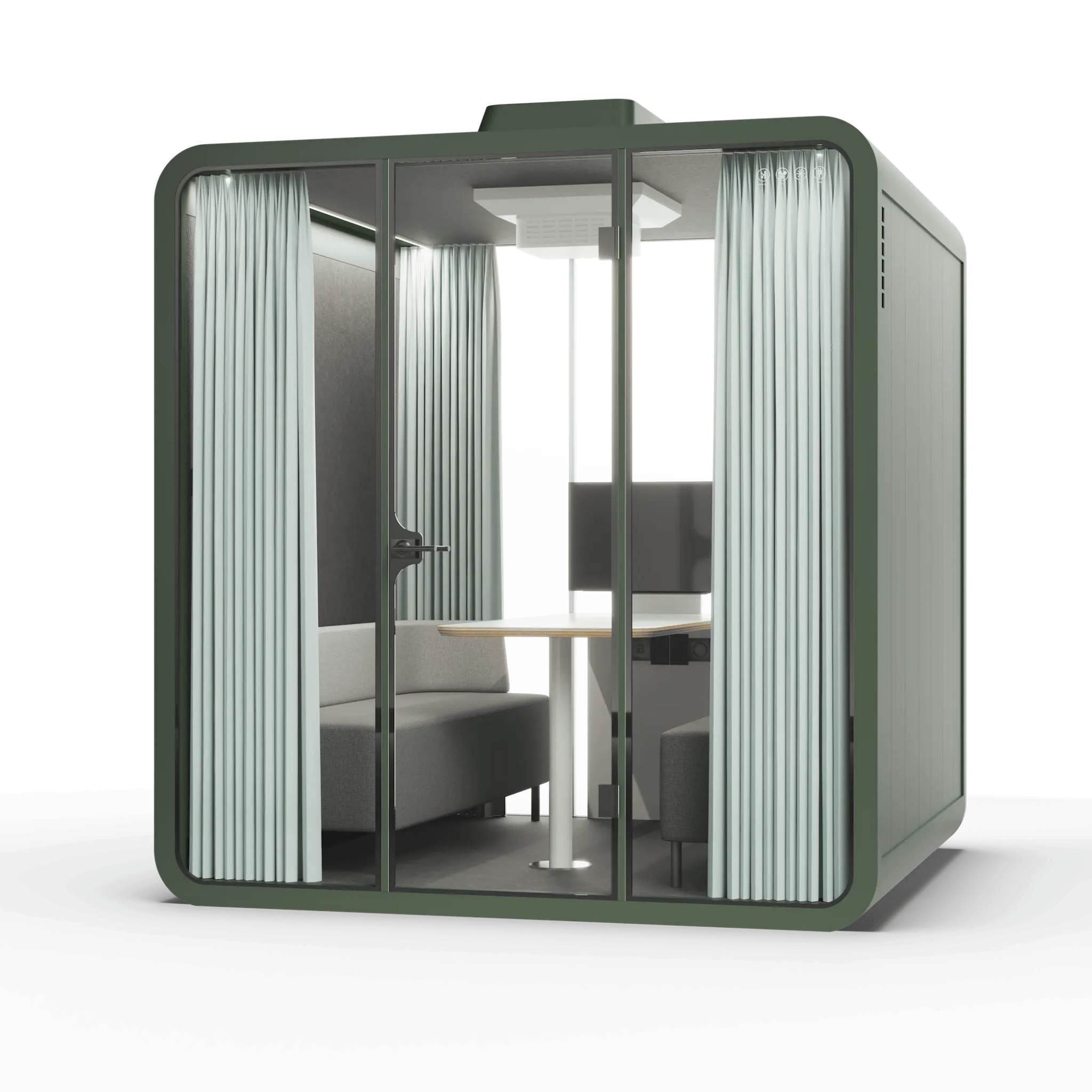 Green frame backyard office pod with glass walls and interior furniture on a white background