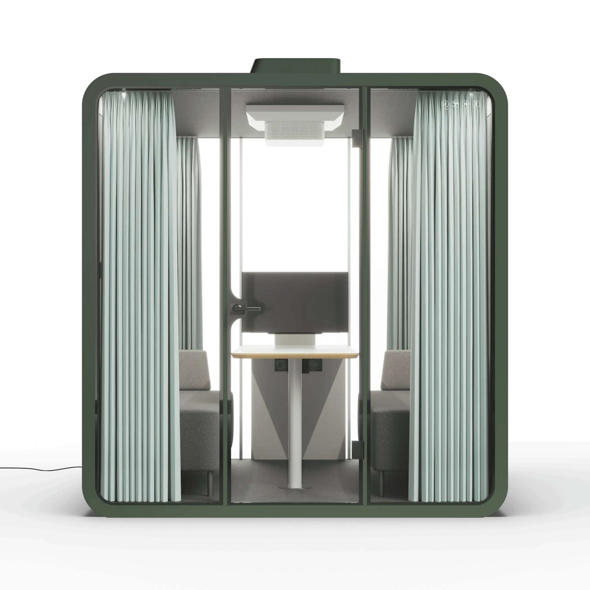 Front view green frame backyard office pod with glass walls and green frame on a white background