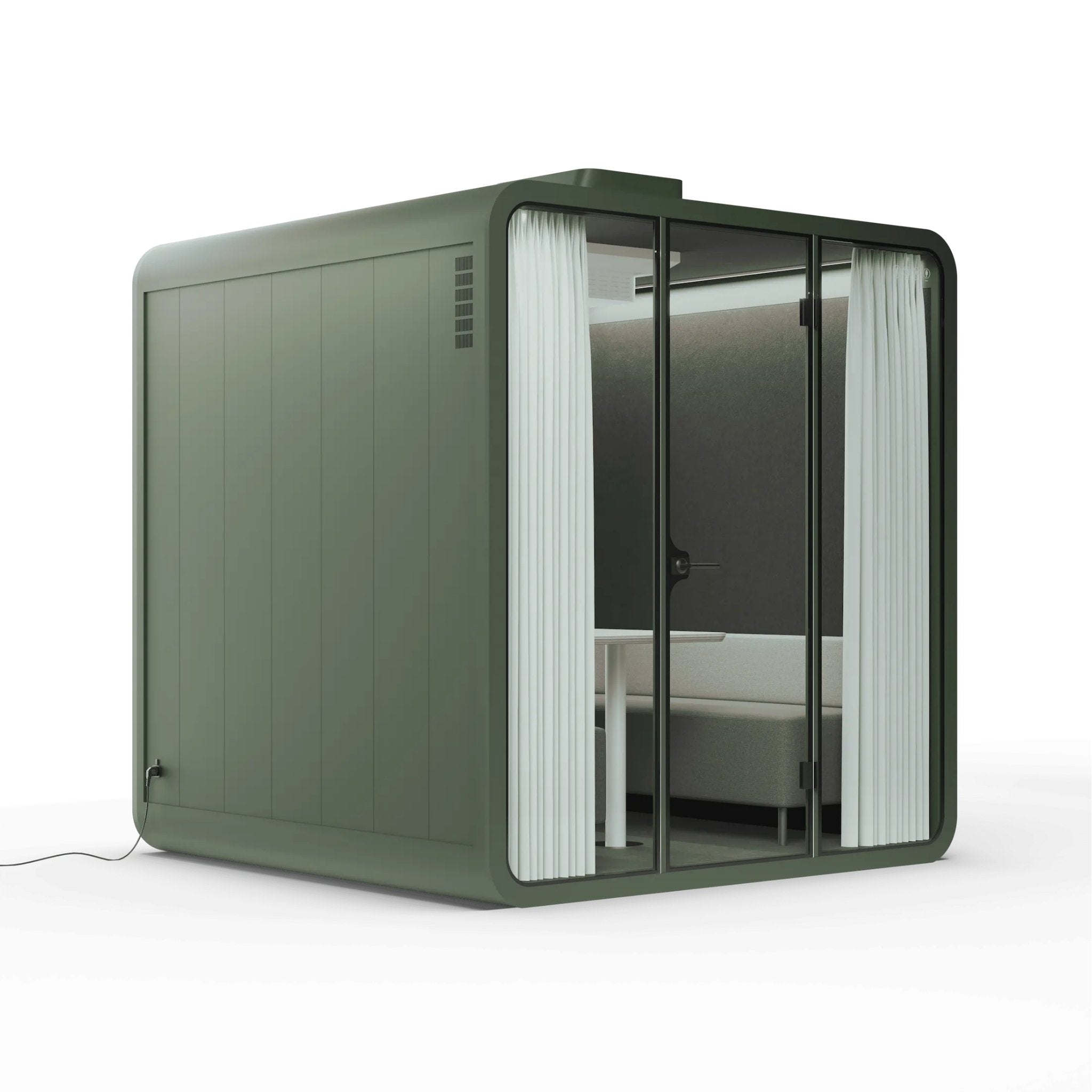 Side view green frame backyard office pod with glass walls on a white background