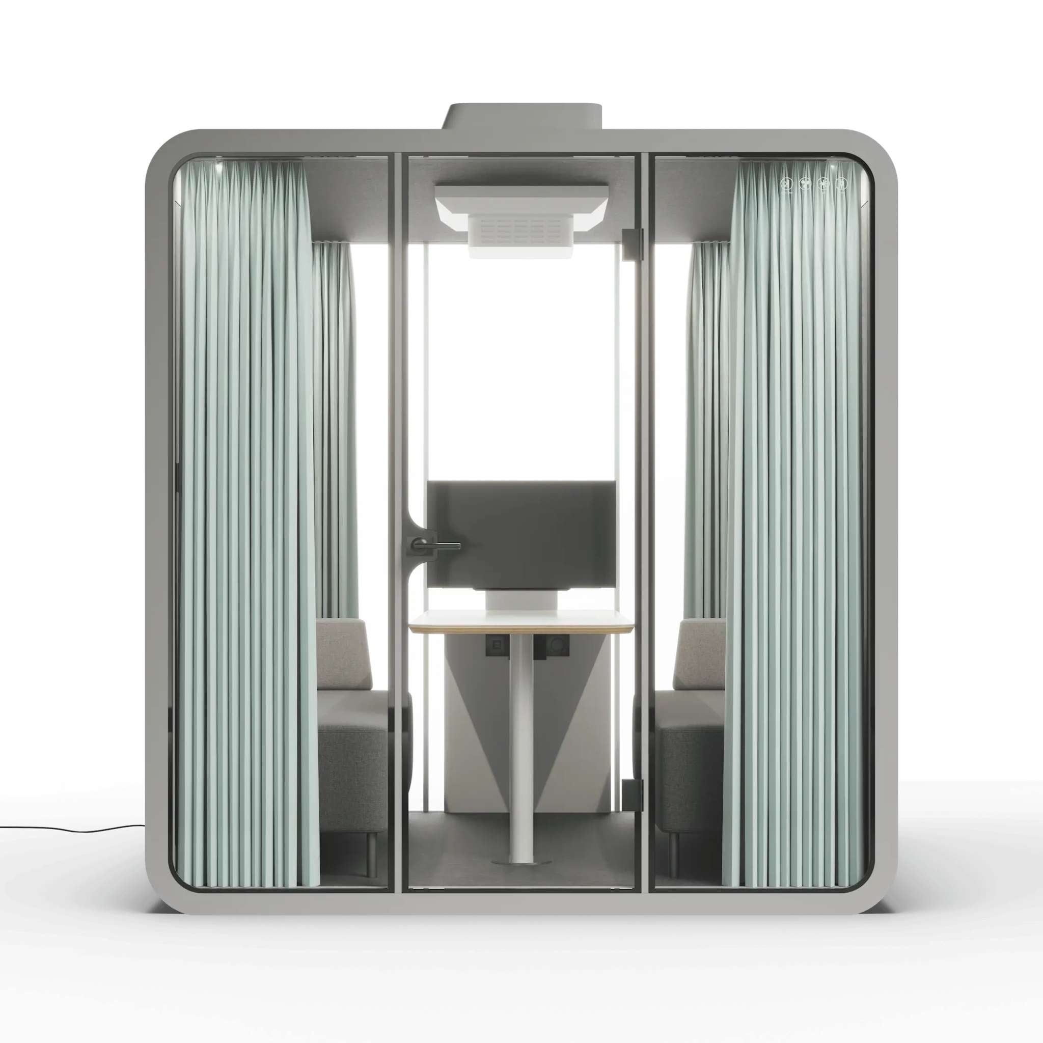Front view grey frame soundproof backyard office pod with curtains, glass walls and furniture on a white background