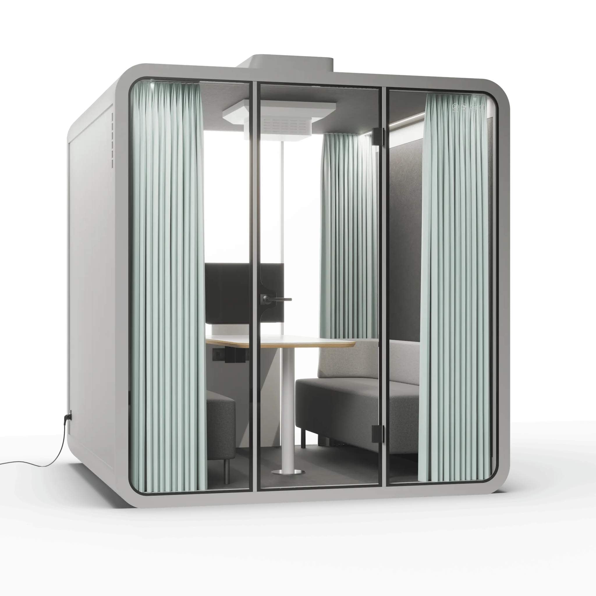 Right view grey frame soundproof backyard office pod with curtains, glass walls and furniture on a white background