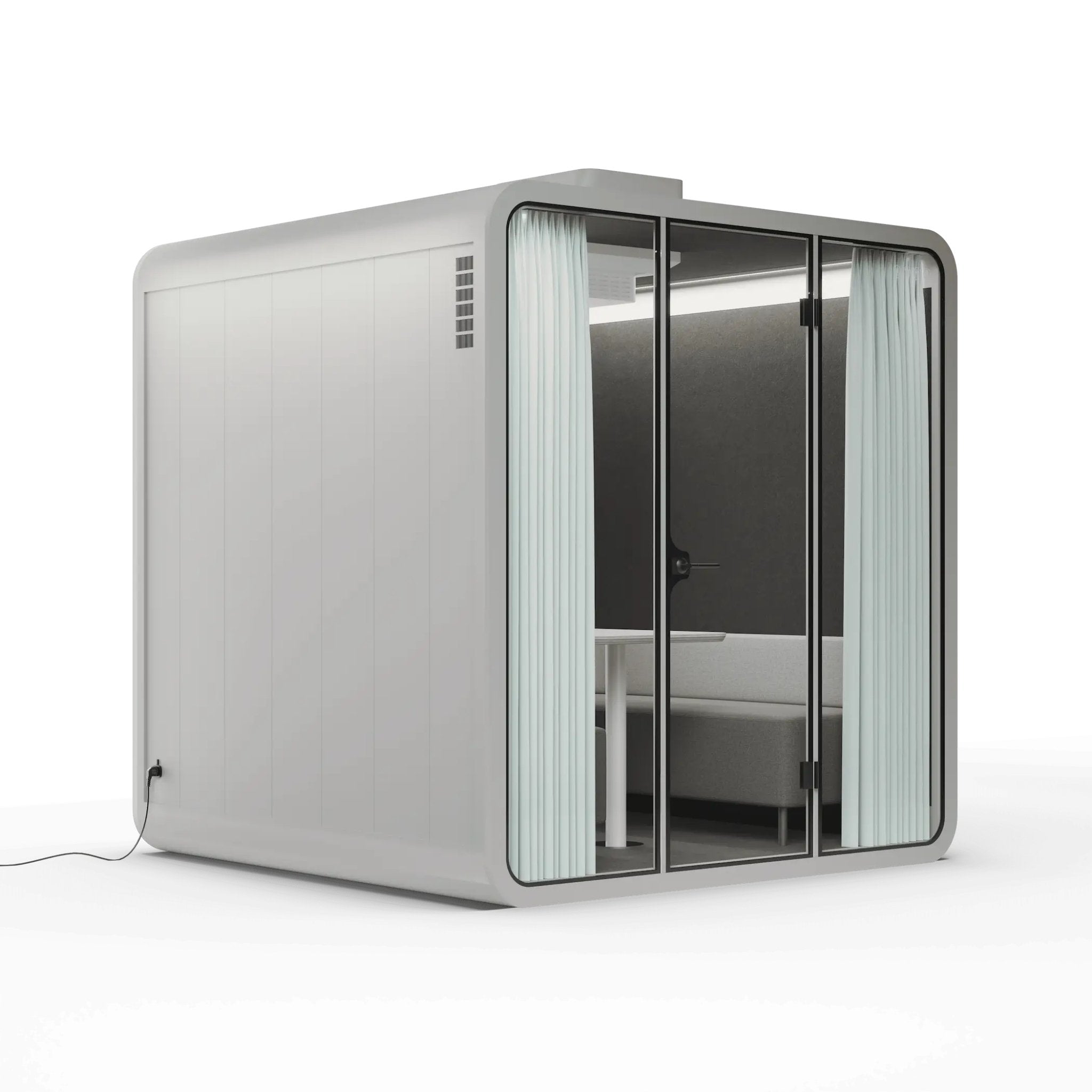 Side view grey frame soundproof backyard office pod with curtains, glass walls and furniture on a white background