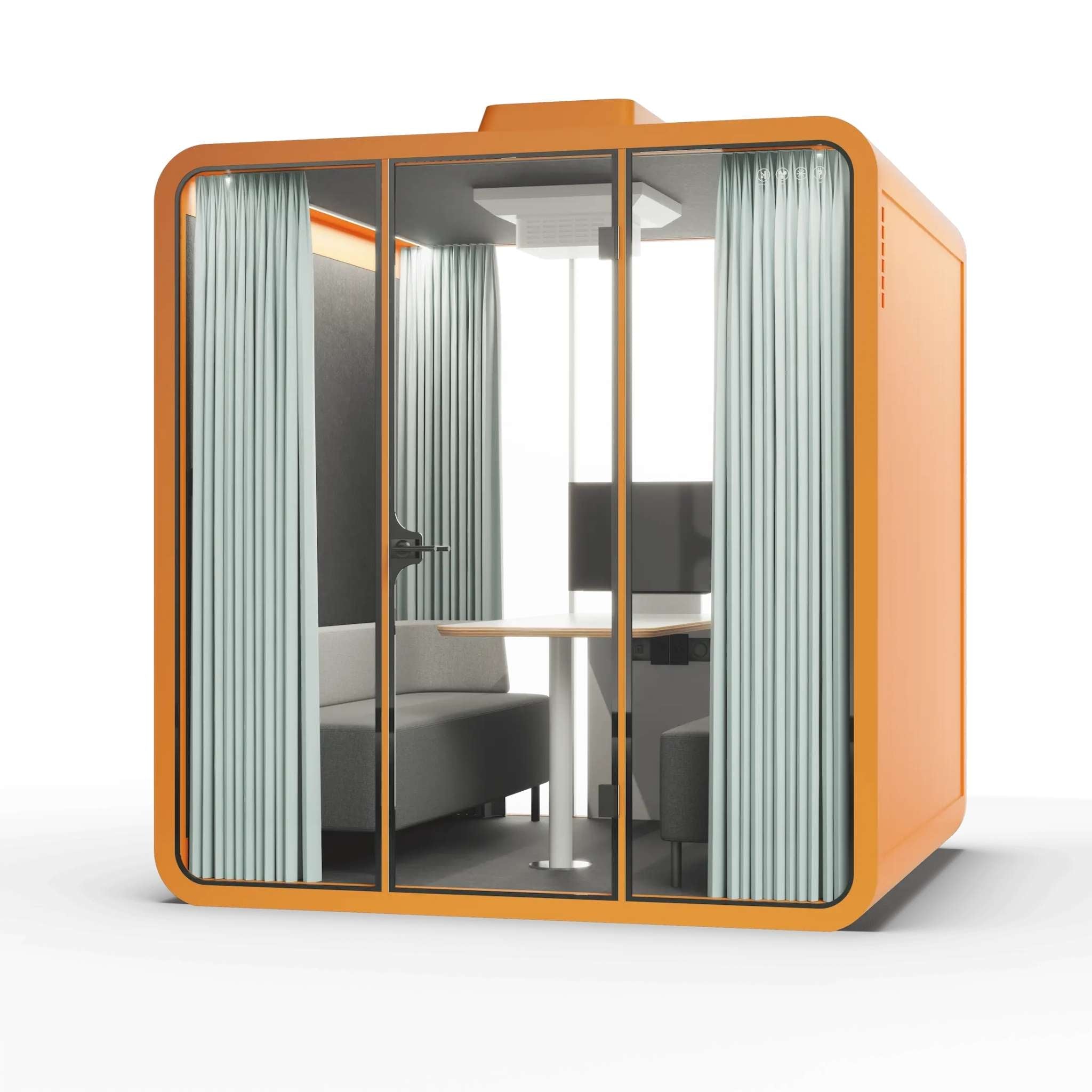 Angle view orange frame backyard office pod with curtains, glass walls and furniture on a white background