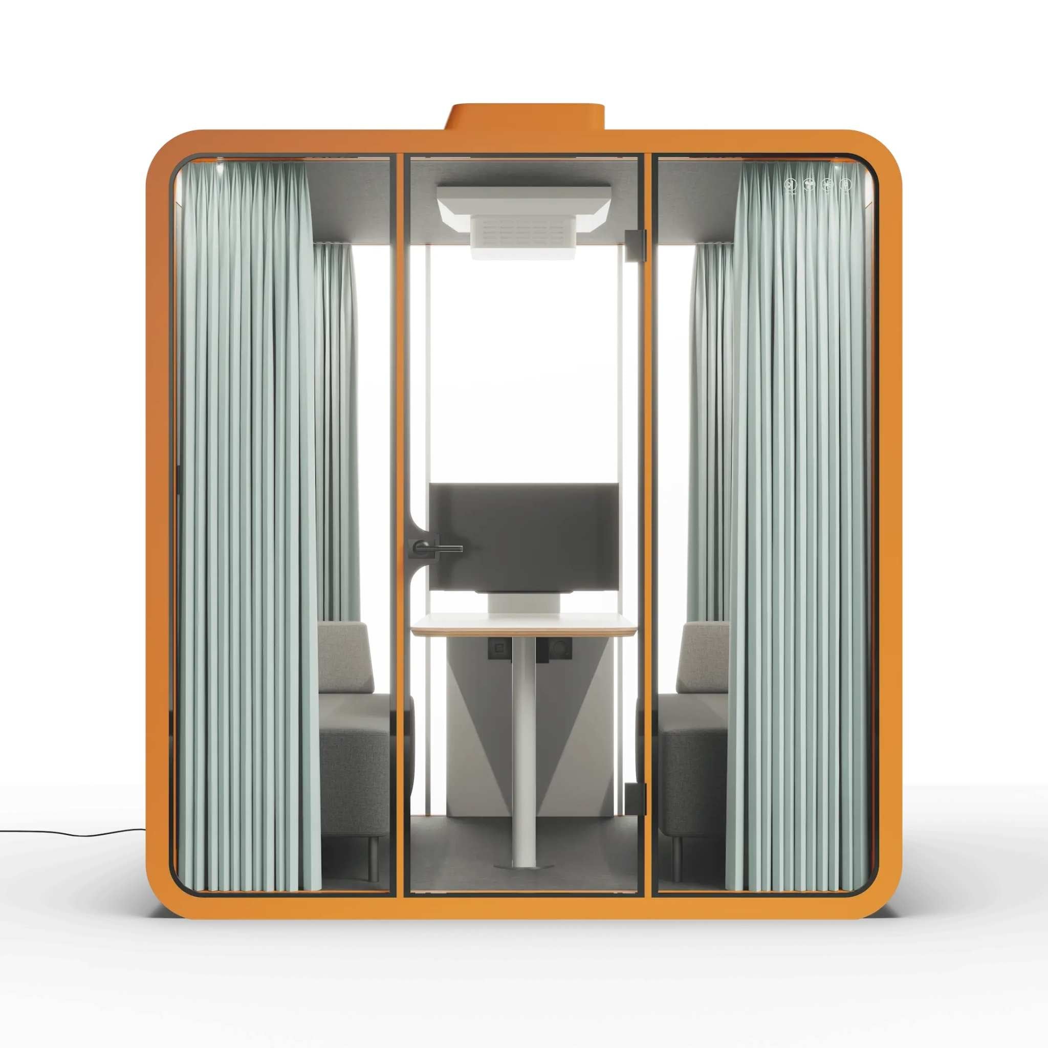 Front view orange frame backyard office pod with curtains, glass walls and furniture on a white background