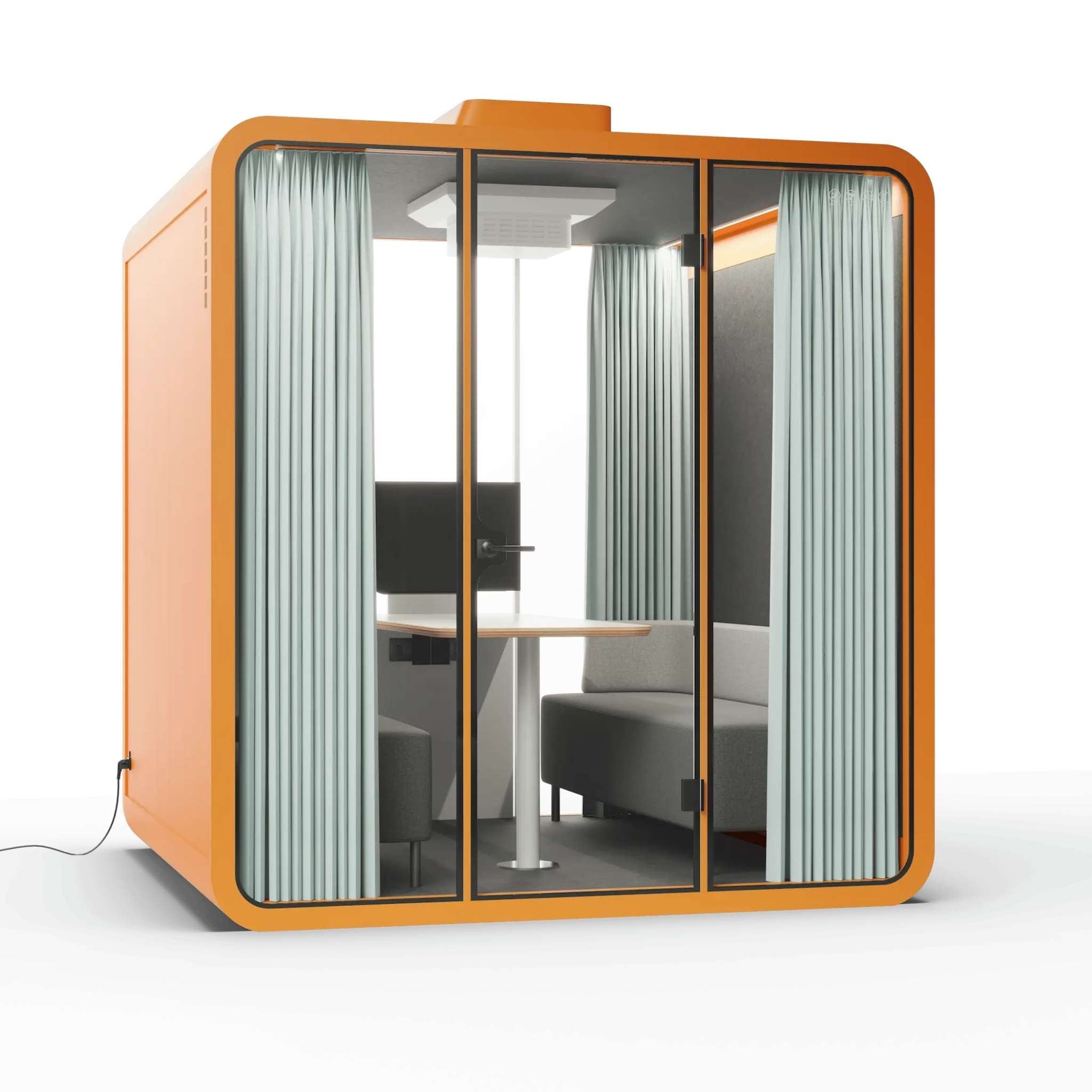 Right view orange frame backyard office pod with curtains, glass walls and furniture on a white background