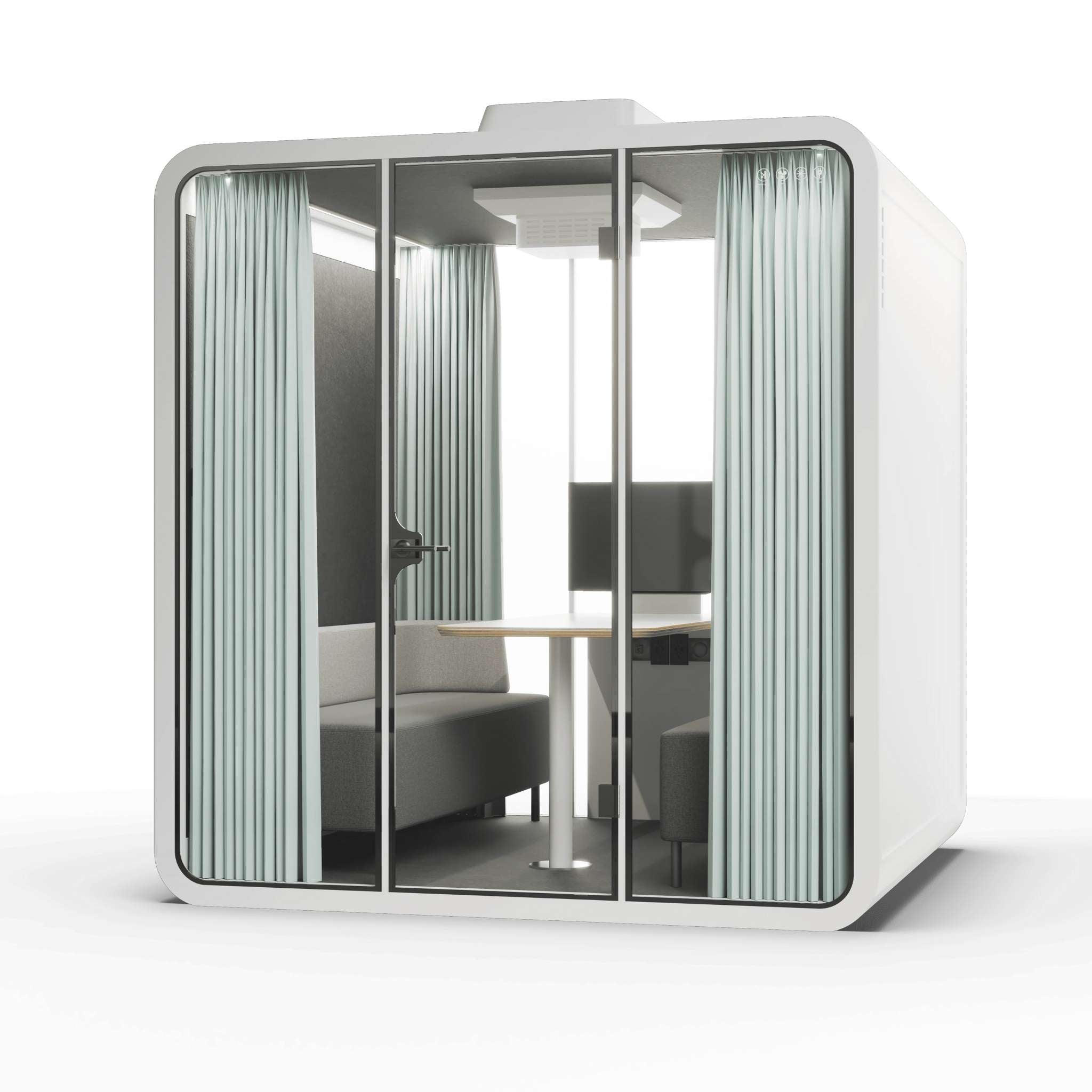 Angle view white frame soundproof backyard office pod with curtains, glass walls and furniture on a white background