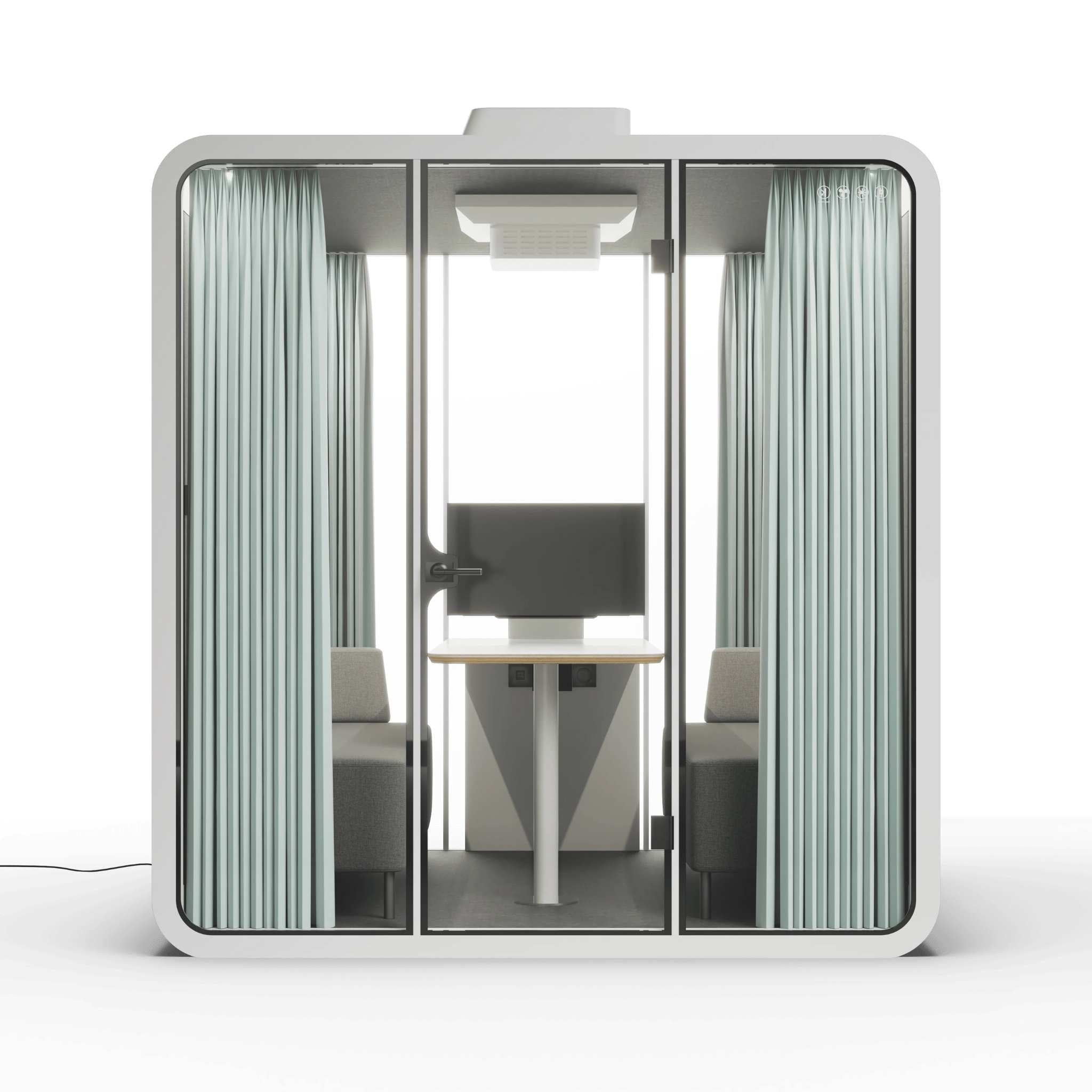 Front view white frame soundproof backyard office pod with curtains, glass walls and furniture on a white background