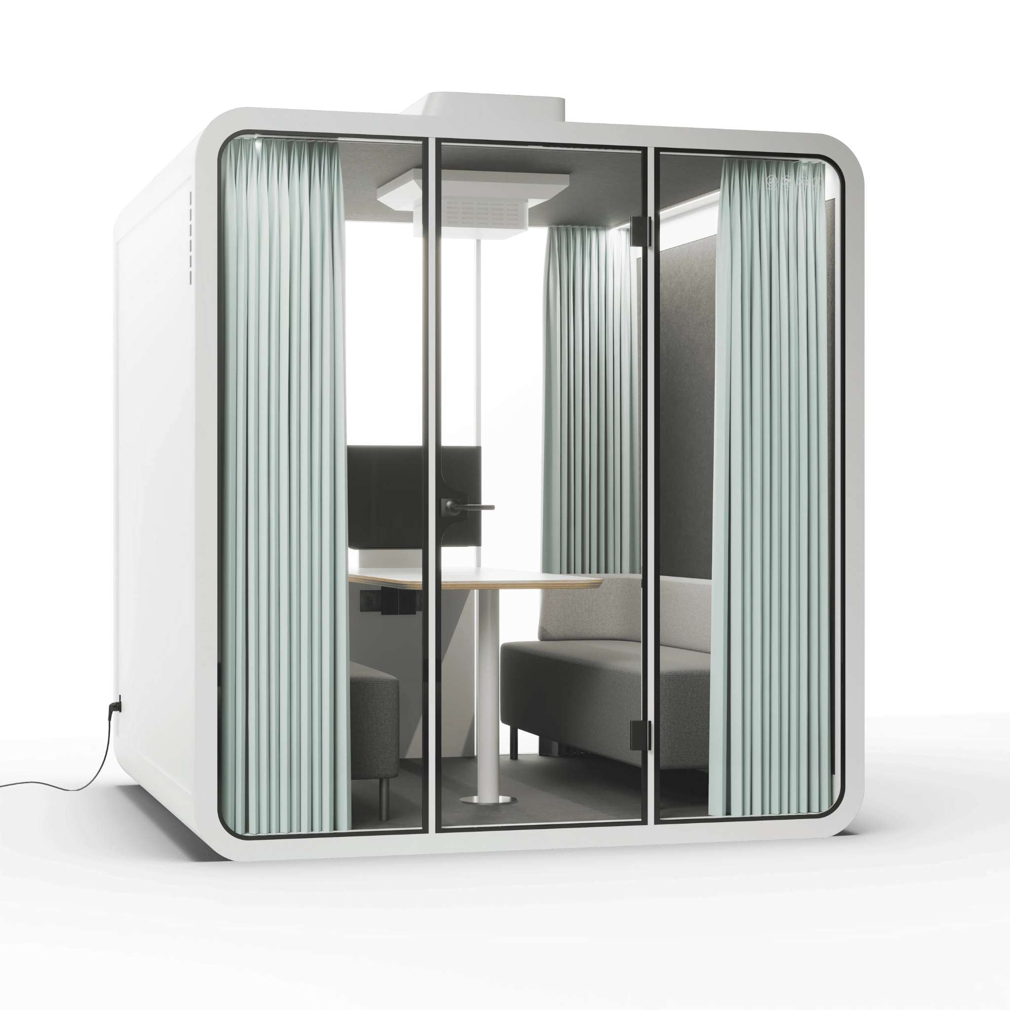 Right view white frame soundproof backyard office pod with curtains, glass walls and furniture on a white background