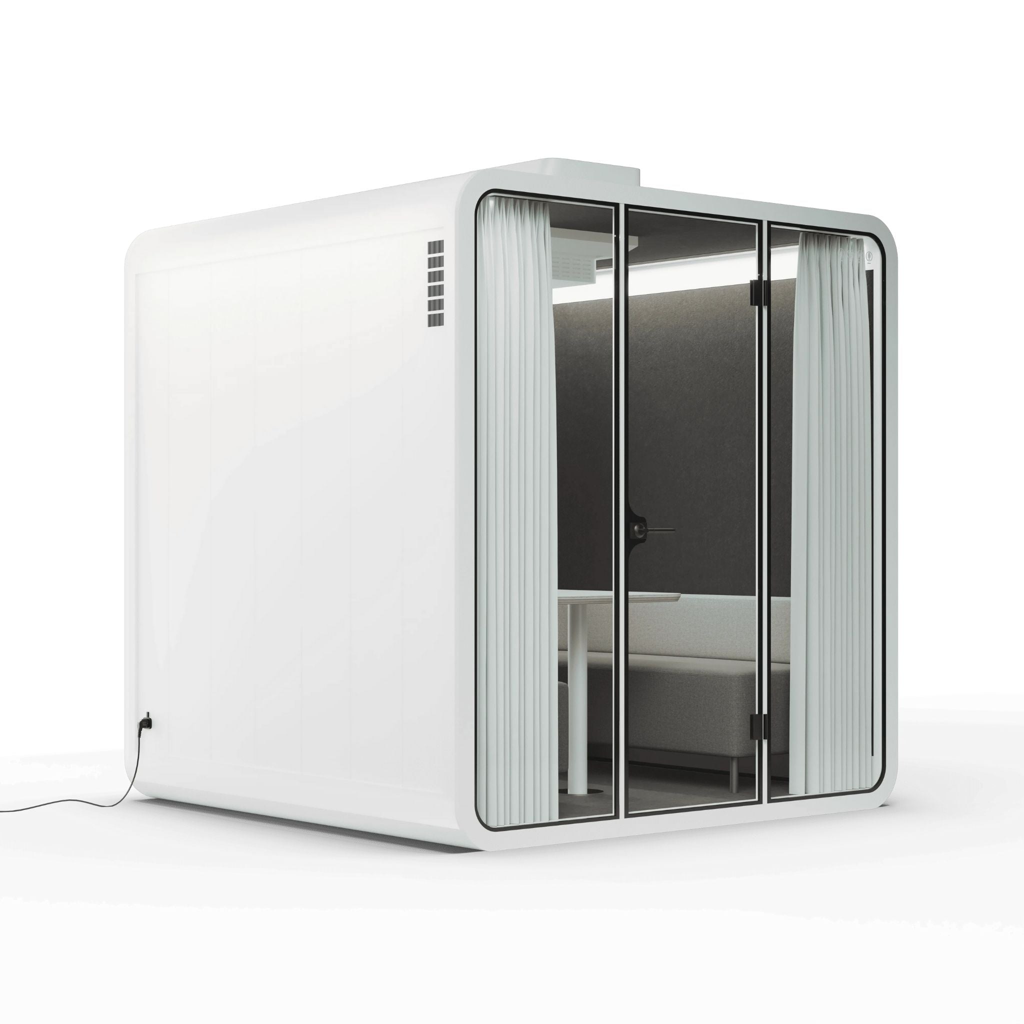 Side view white frame soundproof backyard office pod with curtains, glass walls and furniture on a white background