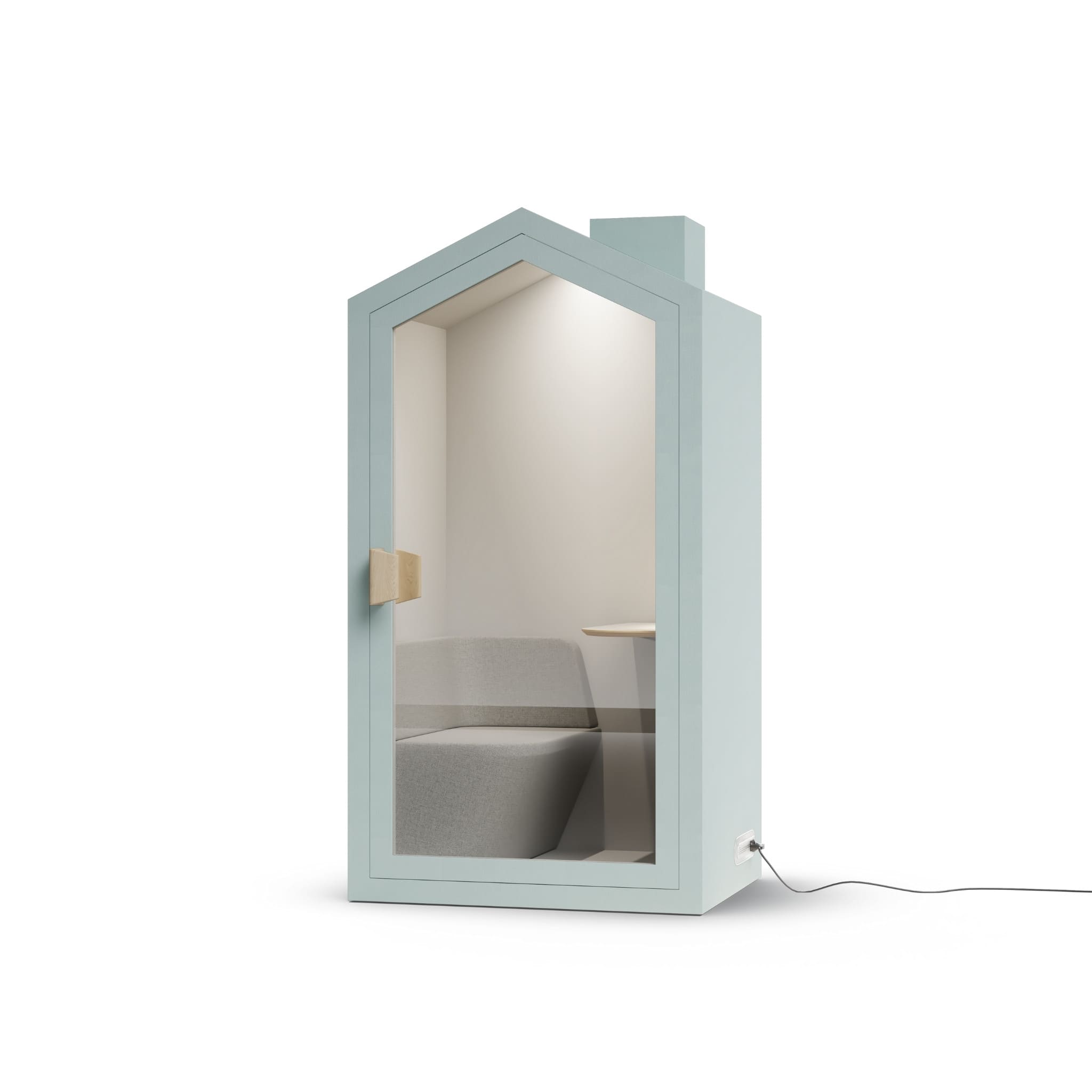 Angle view mint color frame home office pod phone booth on a white background