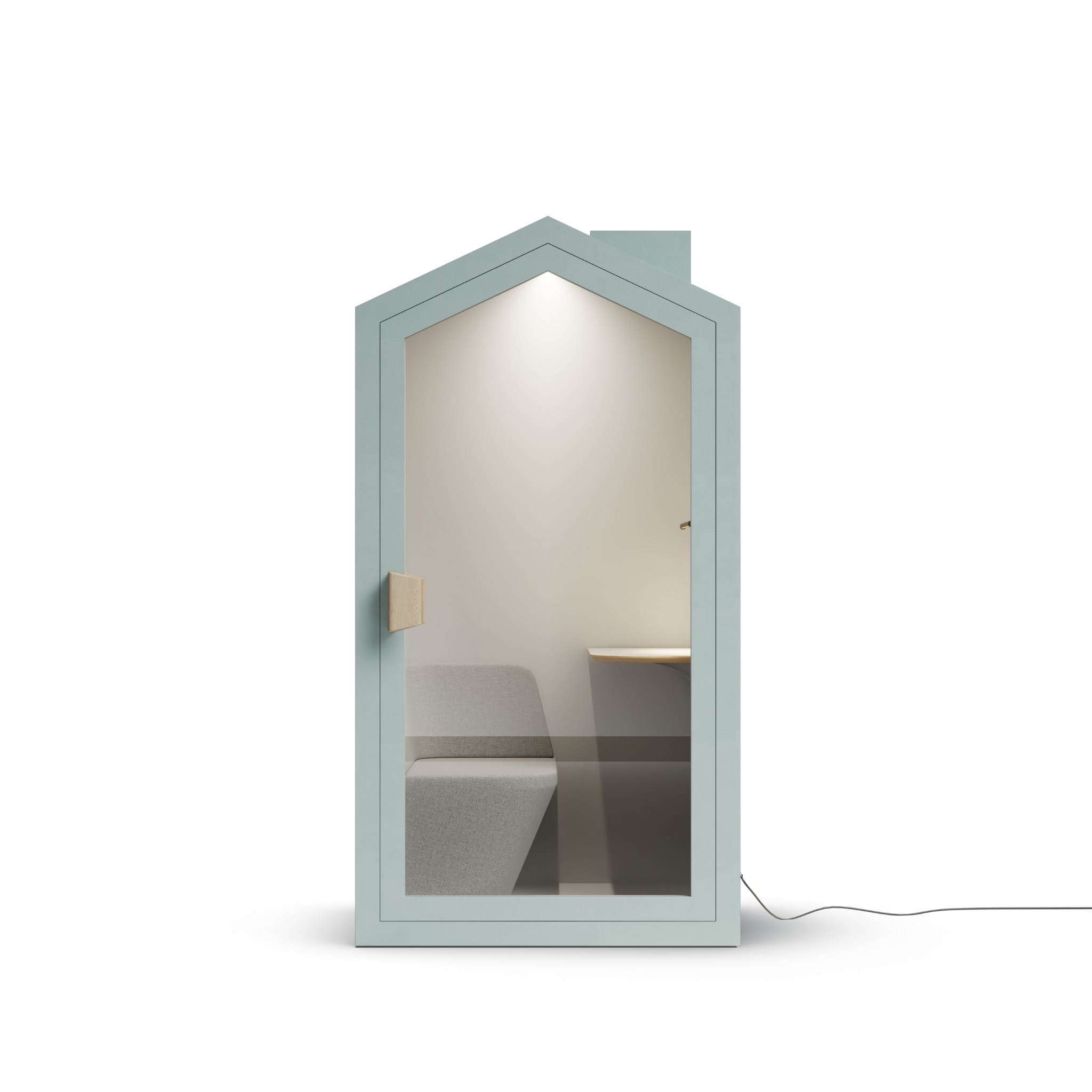 Front view mint color frame home office pod on a white background