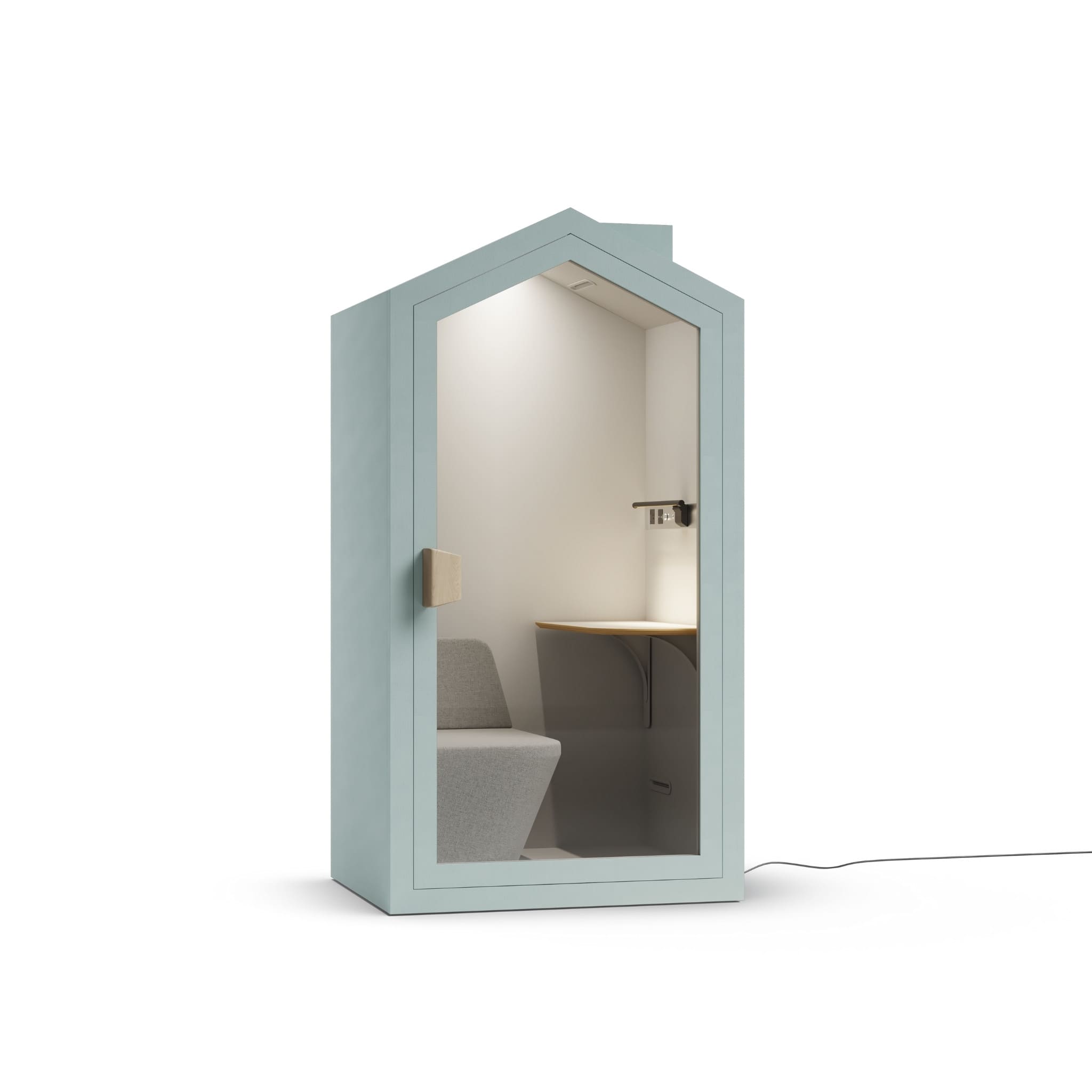 Right side view mint color frame home office pod on a white background