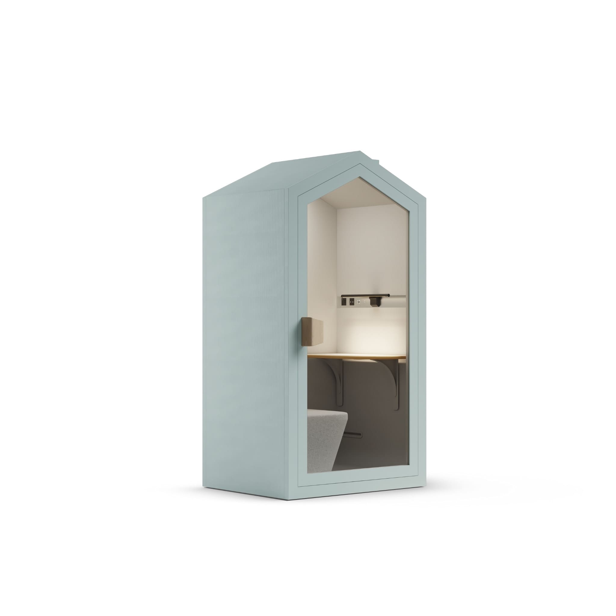 Side view mint color frame home office pod on a white background